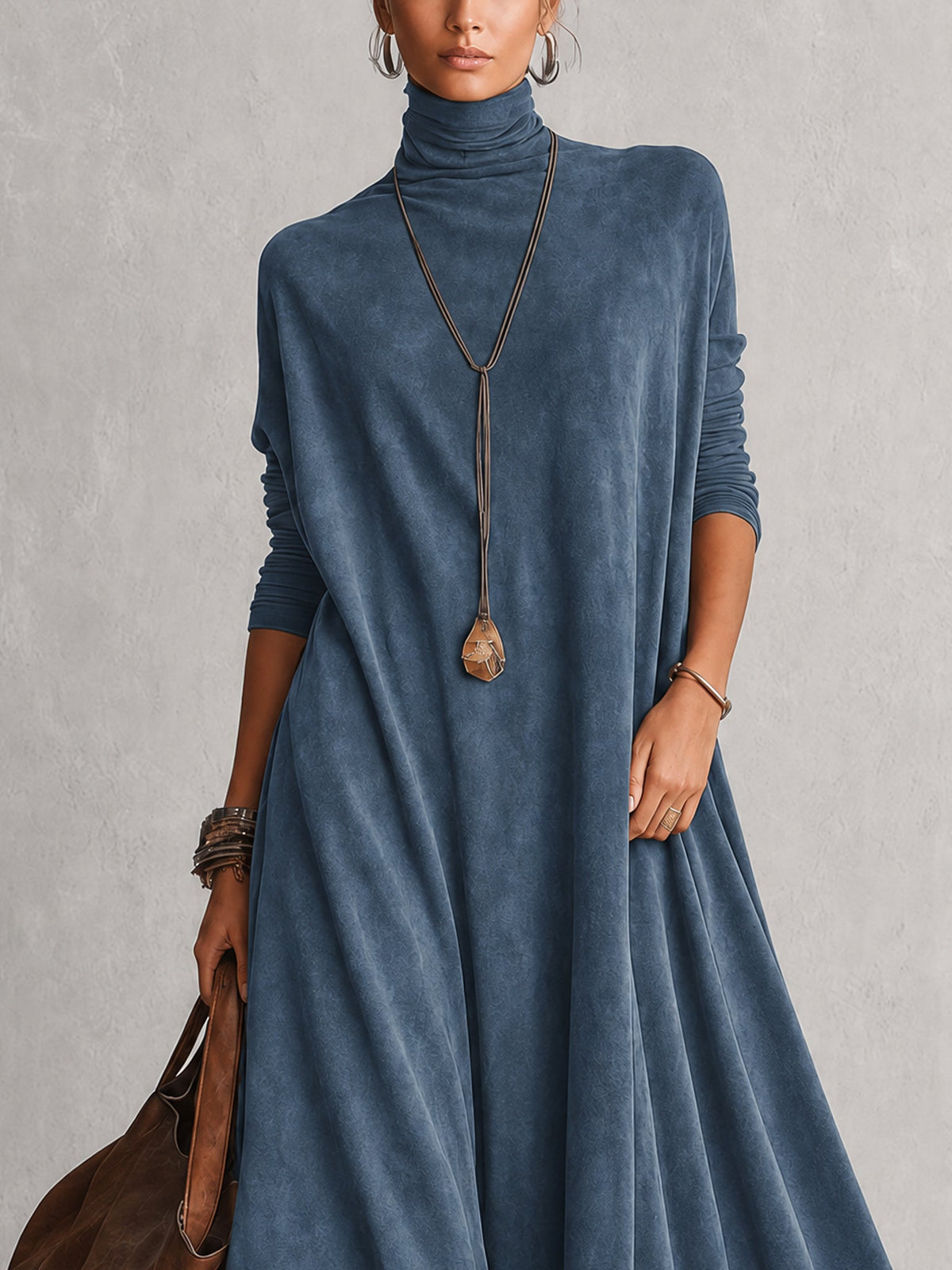 A-Linien-Kleid mit hohem Kragen, Spitzenpaneelen und langen Ärmeln