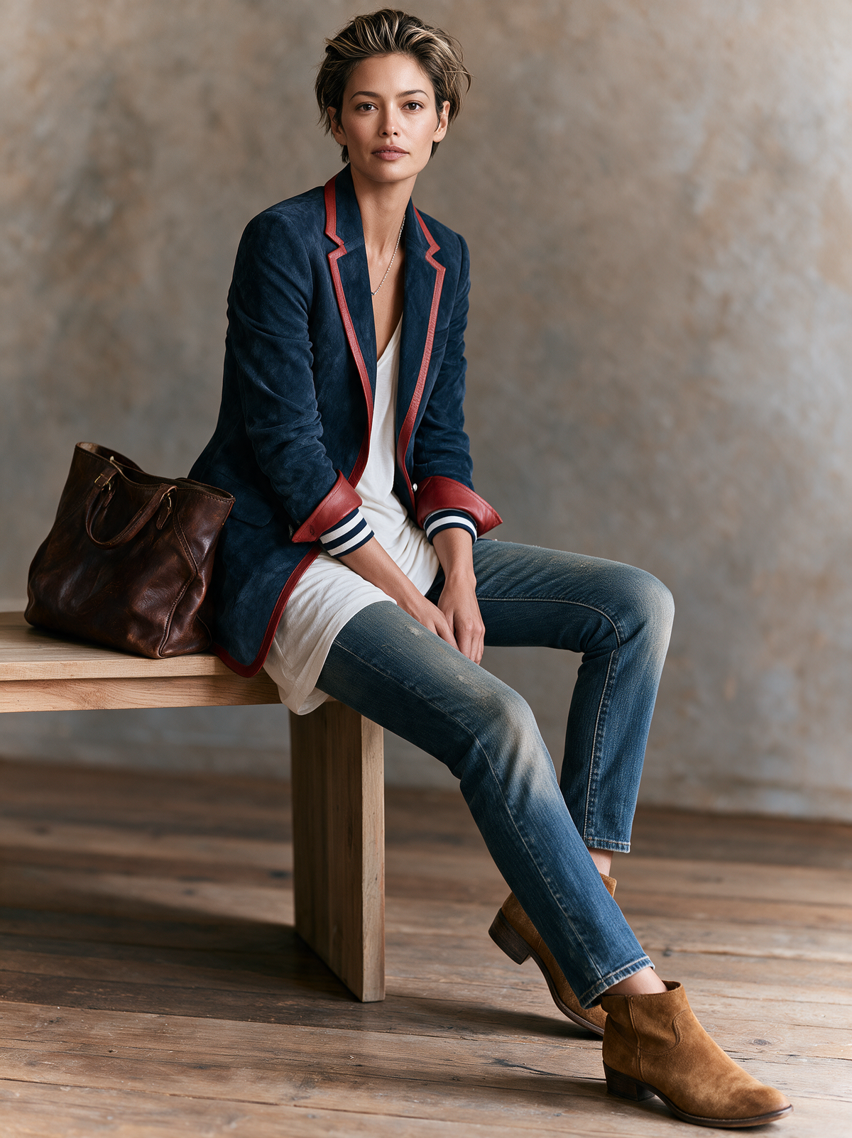 Damen Vintage-Stil Kunstwildleder Blazer mit rotem Lederbesatz