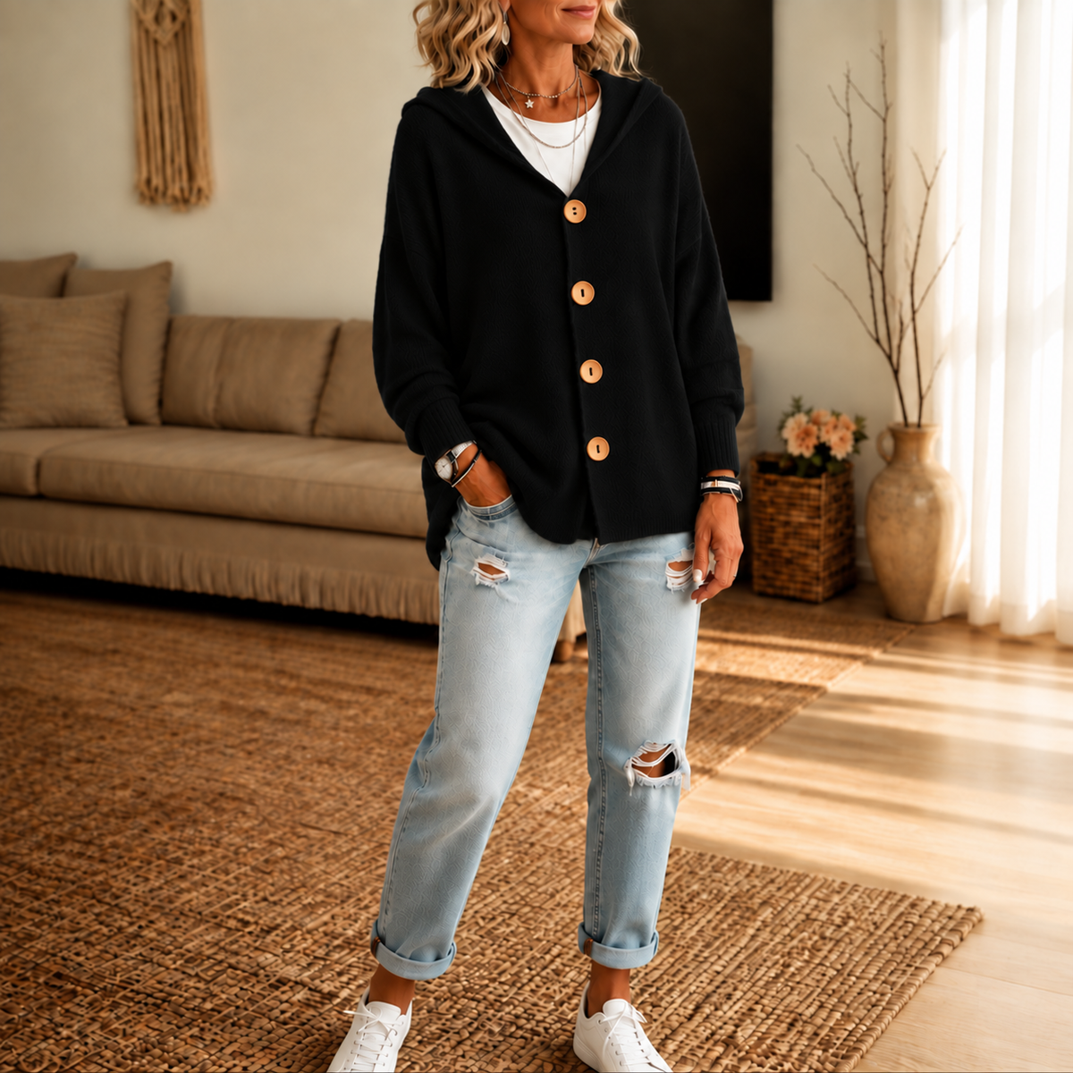 Kapuzen-Waffelstrick-Strickjacke mit Knopfleiste