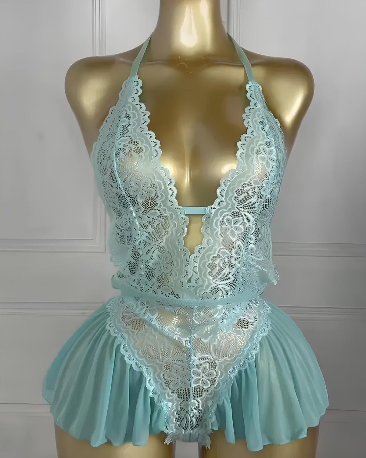 Damen Dessous-Pyjama-Set aus Spitze und Satin mit V-Ausschnitt