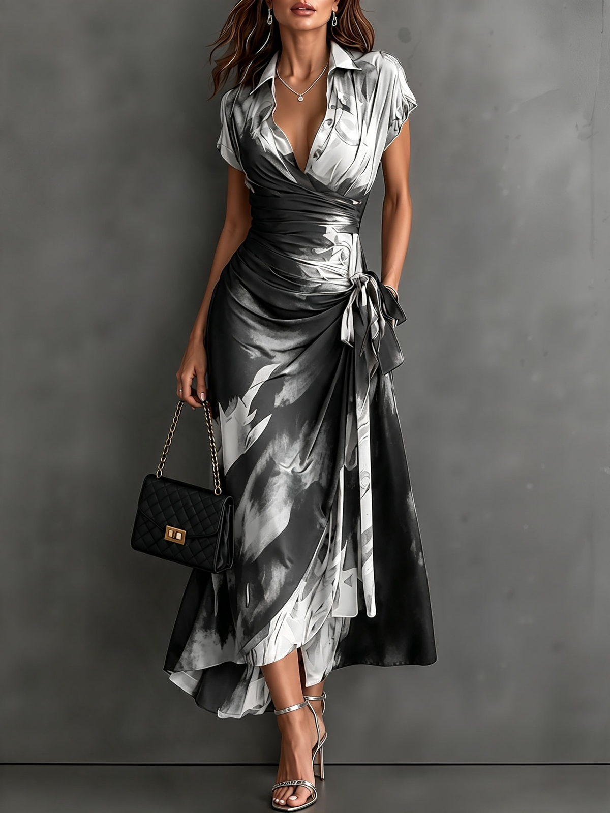Safran Wickelkleid mit abstraktem Print für Herbst