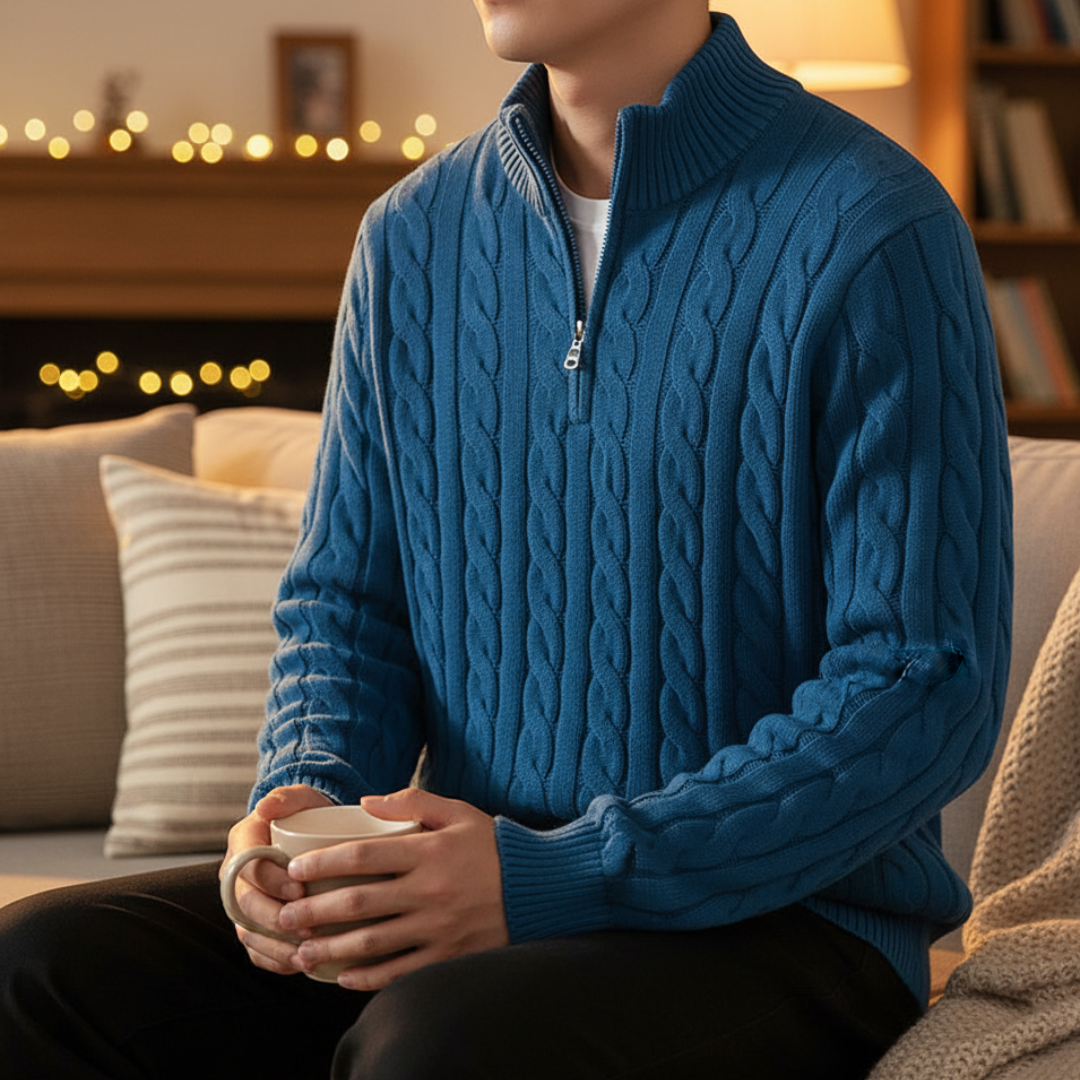 Pullover mit Zopfmuster & Stehkragen-Reißverschluss 100% Cotton – NordicClassic Knit