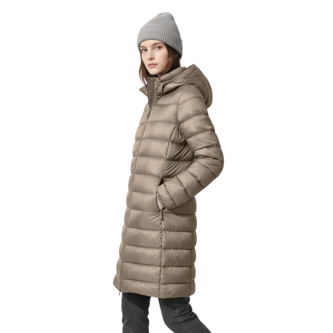 Damen Leichter Langer Daunenmantel – Warmer Mantel mit Kapuze