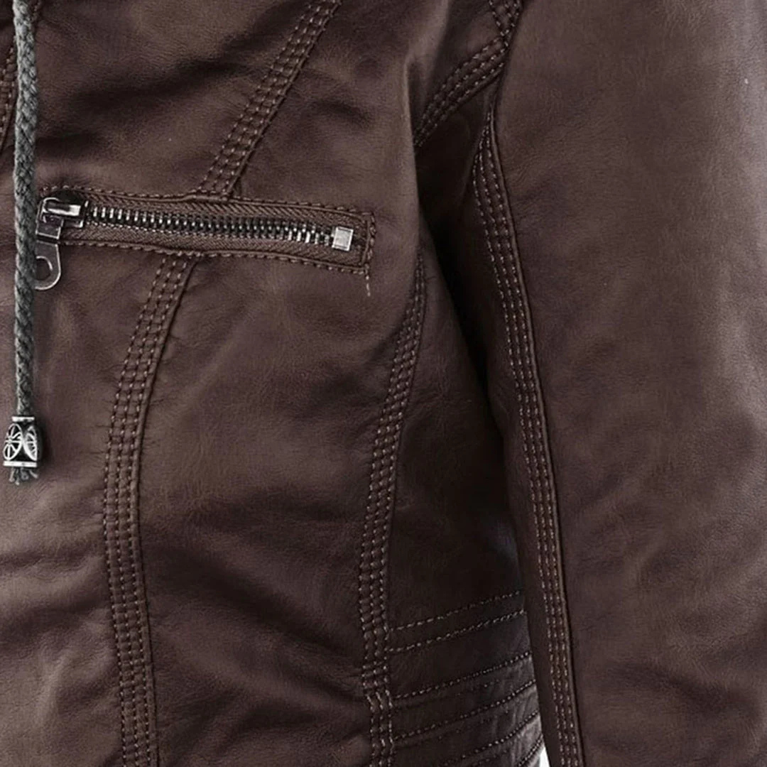 Wasserdichte Damen Bikerjacke aus veganem Leder mit Kapuze