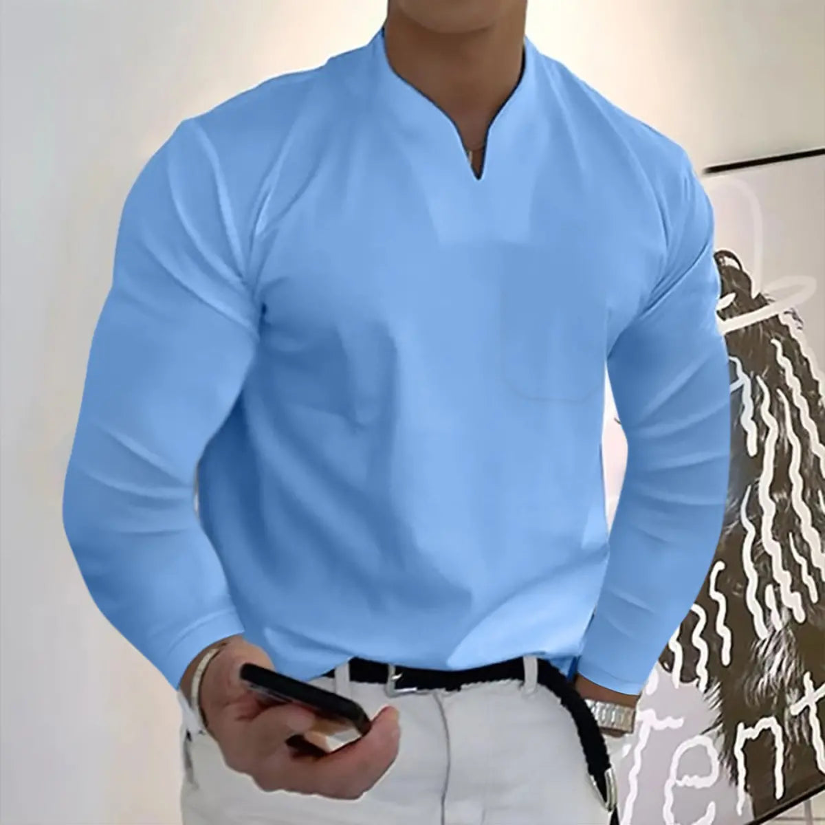 Herren Sport-T-Shirt aus Baumwolle mit langen Ärmeln und V-Ausschnitt