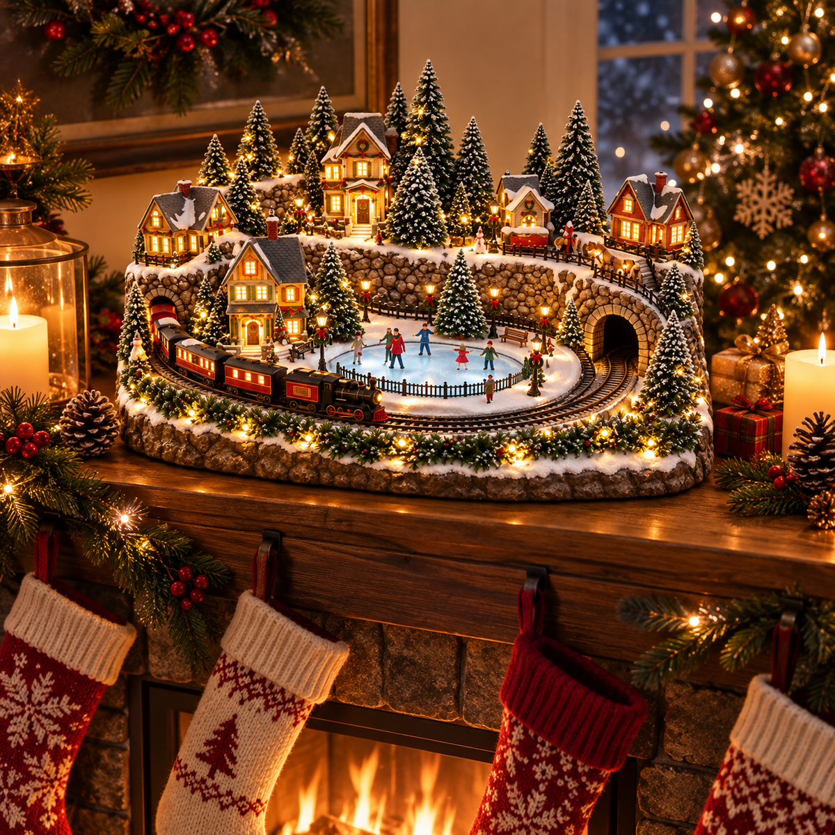 Animierte Weihnachtszug & Eisbahn Szene