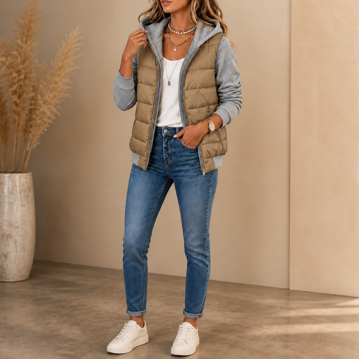Mixed-Media Gesteppte Puffer-Jacke mit Strick-Ärmeln