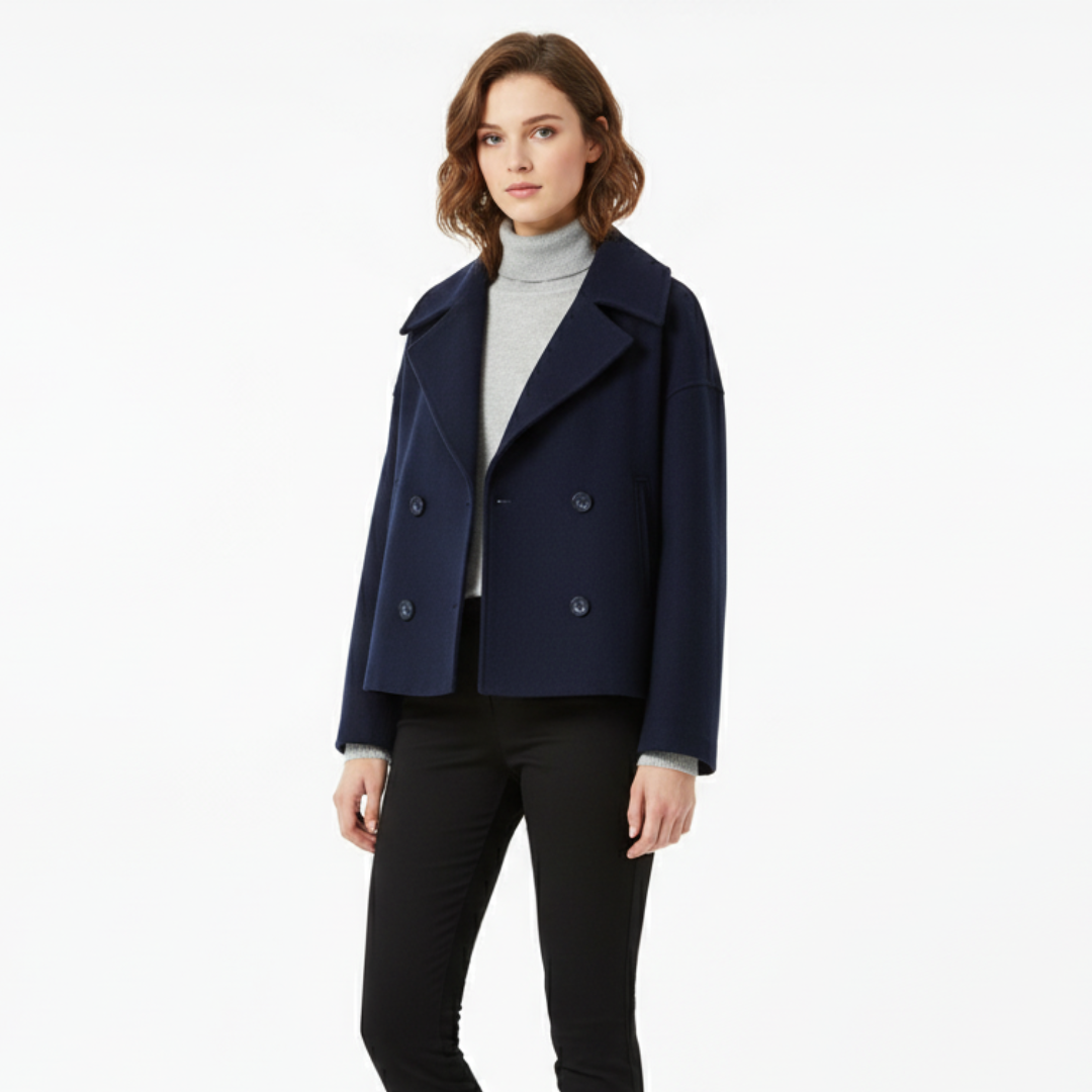 Damen Kurz geschnittener Wollmantel – Vintage Zweireihige Jacke