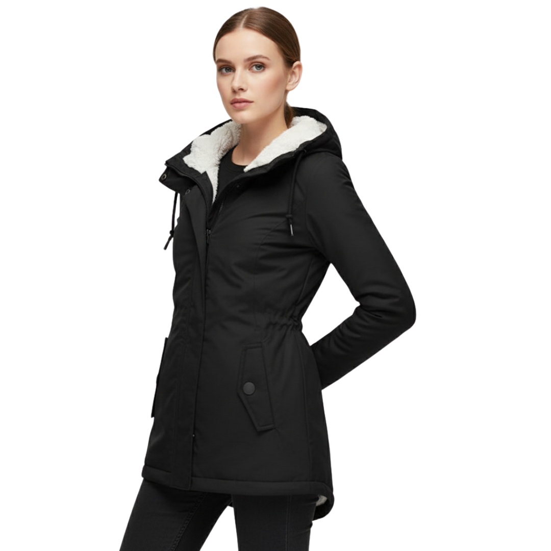 Damen Fleece-gefütterte Kapuzenjacke mit langem Schnitt – Wintermantel