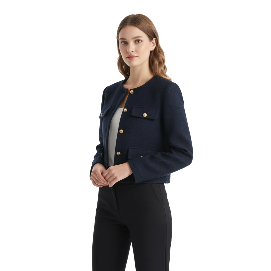 Damen Cropped Bouclé-Tweed-Jacke – Eleganter Cardigan-Blazer mit Goldknöpfen