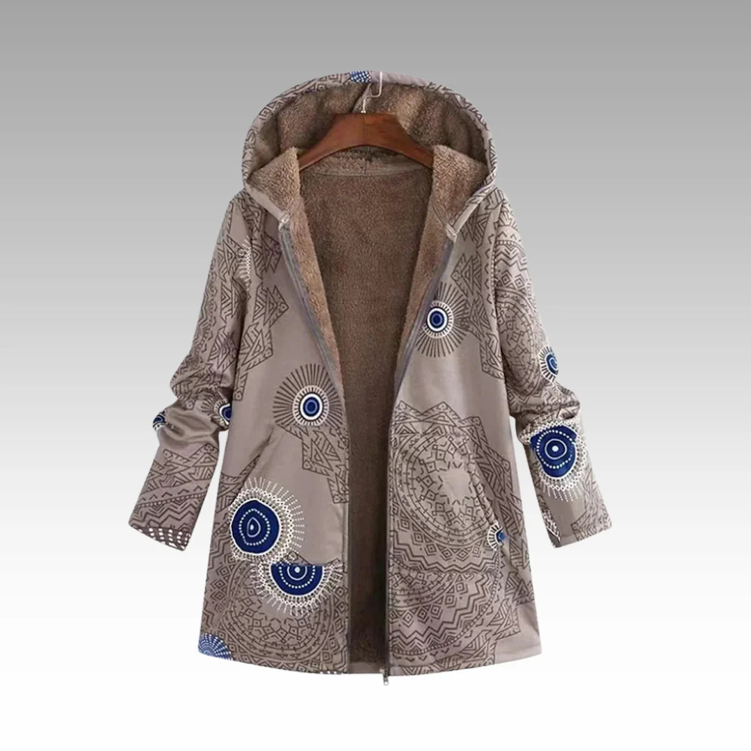 Warme Boho Kapuzenjacke mit Fleecefutter & Ethno-Muster – Liora Coat