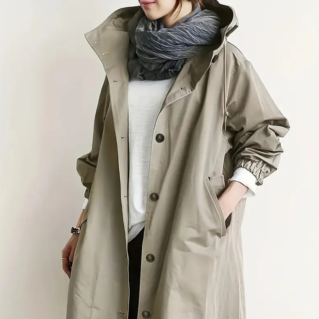 Trenchcoat Damen wasserabweisend mit Kapuze & Oversize-Passform – RainLuxe Coat