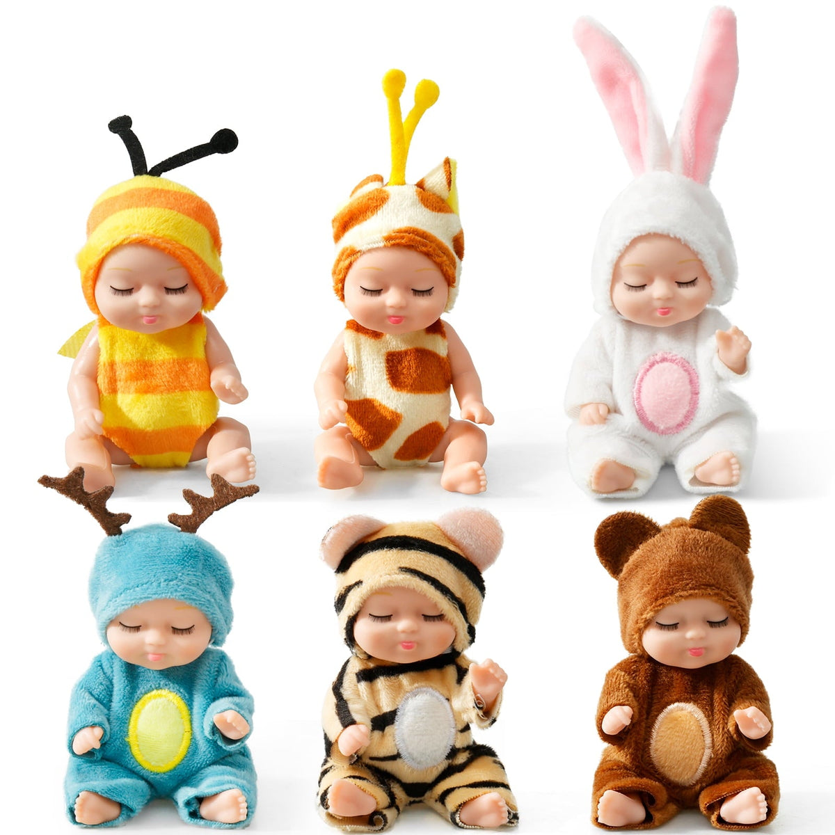 6-teiliges Mini Reborn Babypuppen-Set mit Tier-Outfits