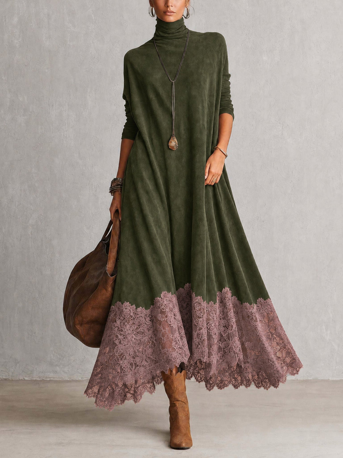A-Linien-Kleid mit hohem Kragen, Spitzenpaneelen und langen Ärmeln