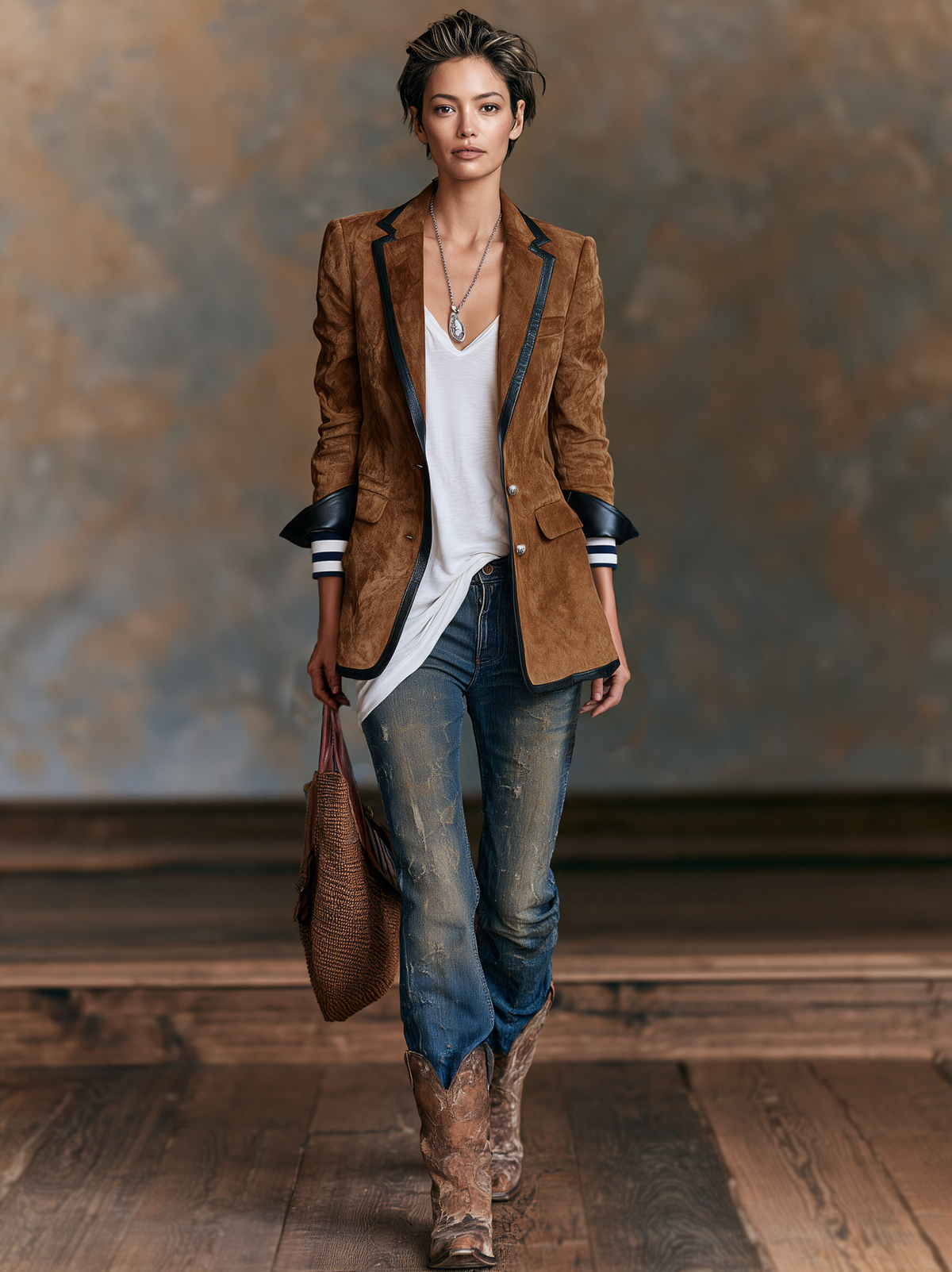 Damen Vintage-Stil Kunstwildleder Blazer mit rotem Lederbesatz