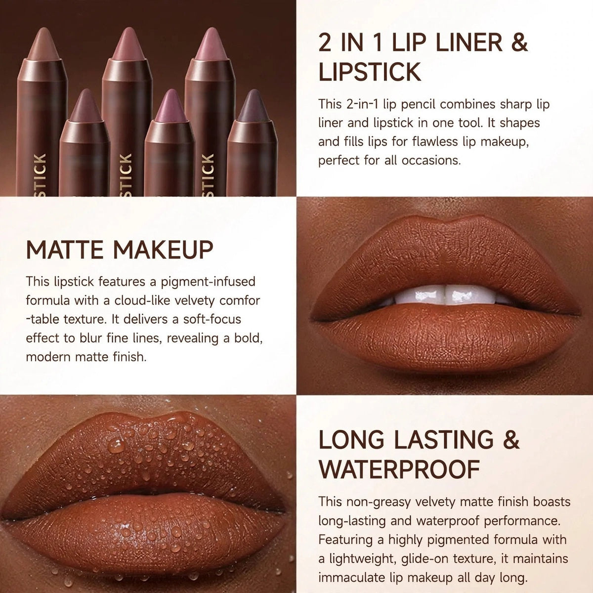 6er-Set langanhaltender matter brauner Lippenstift