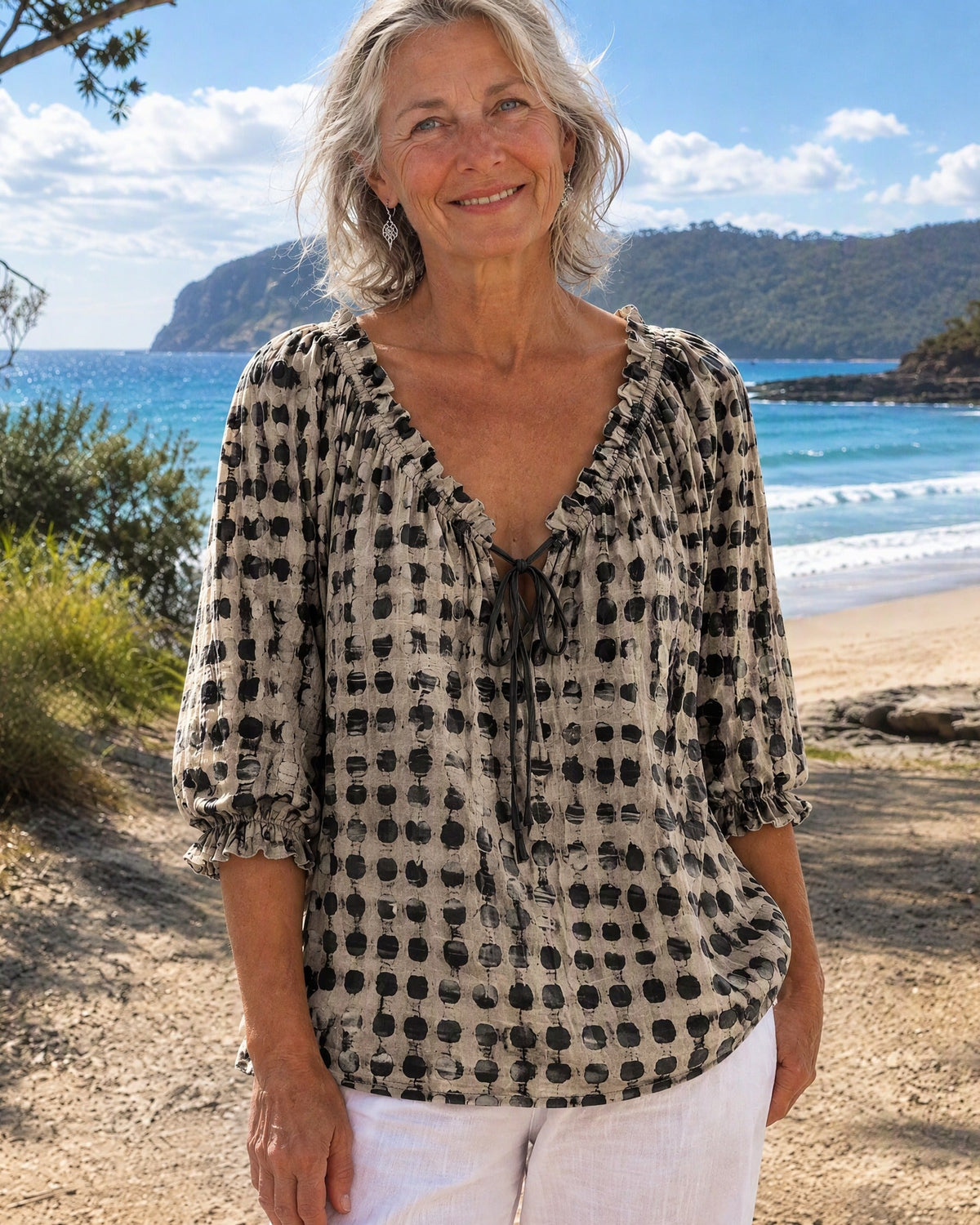 Boho Print Blusenshirt mit Bindenausschnitt