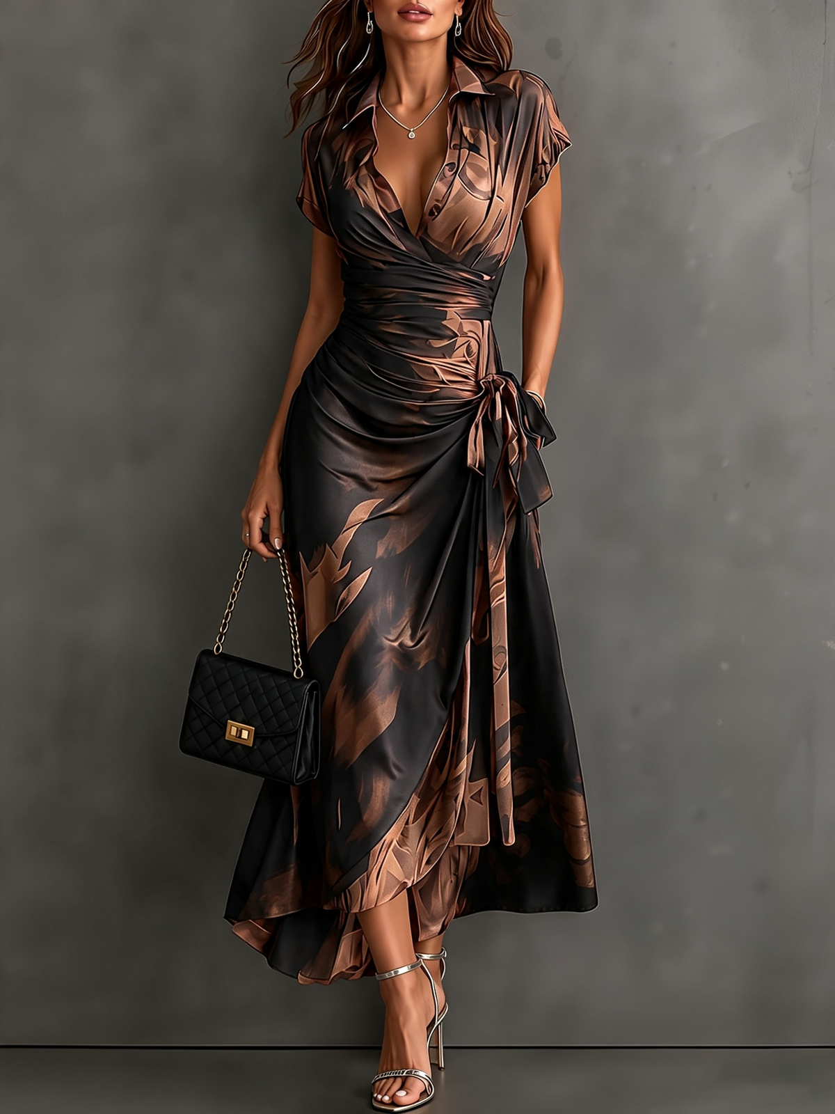 Safran Wickelkleid mit abstraktem Print für Herbst