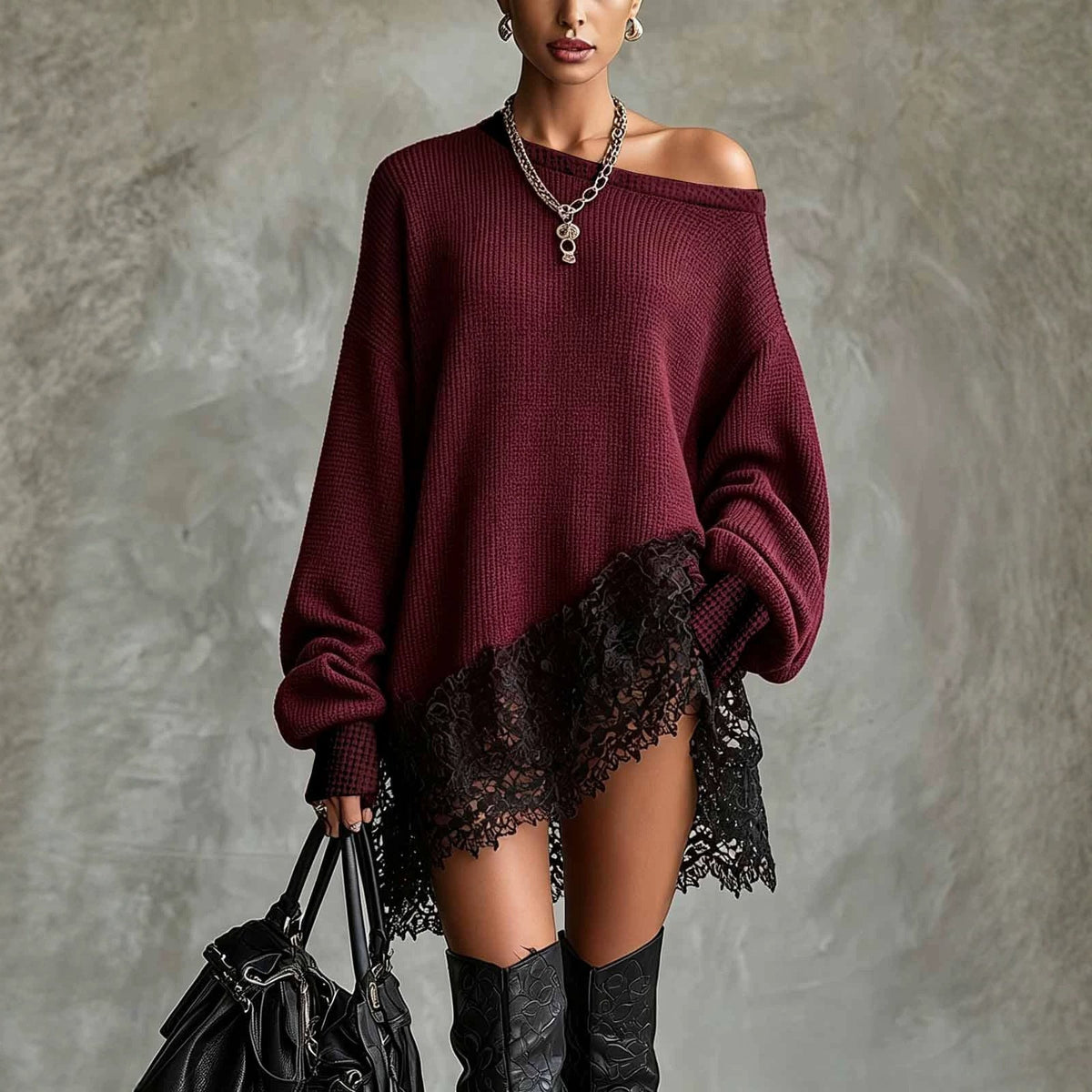 Damen Off-Shoulder Strickkleid mit Spitzensaum