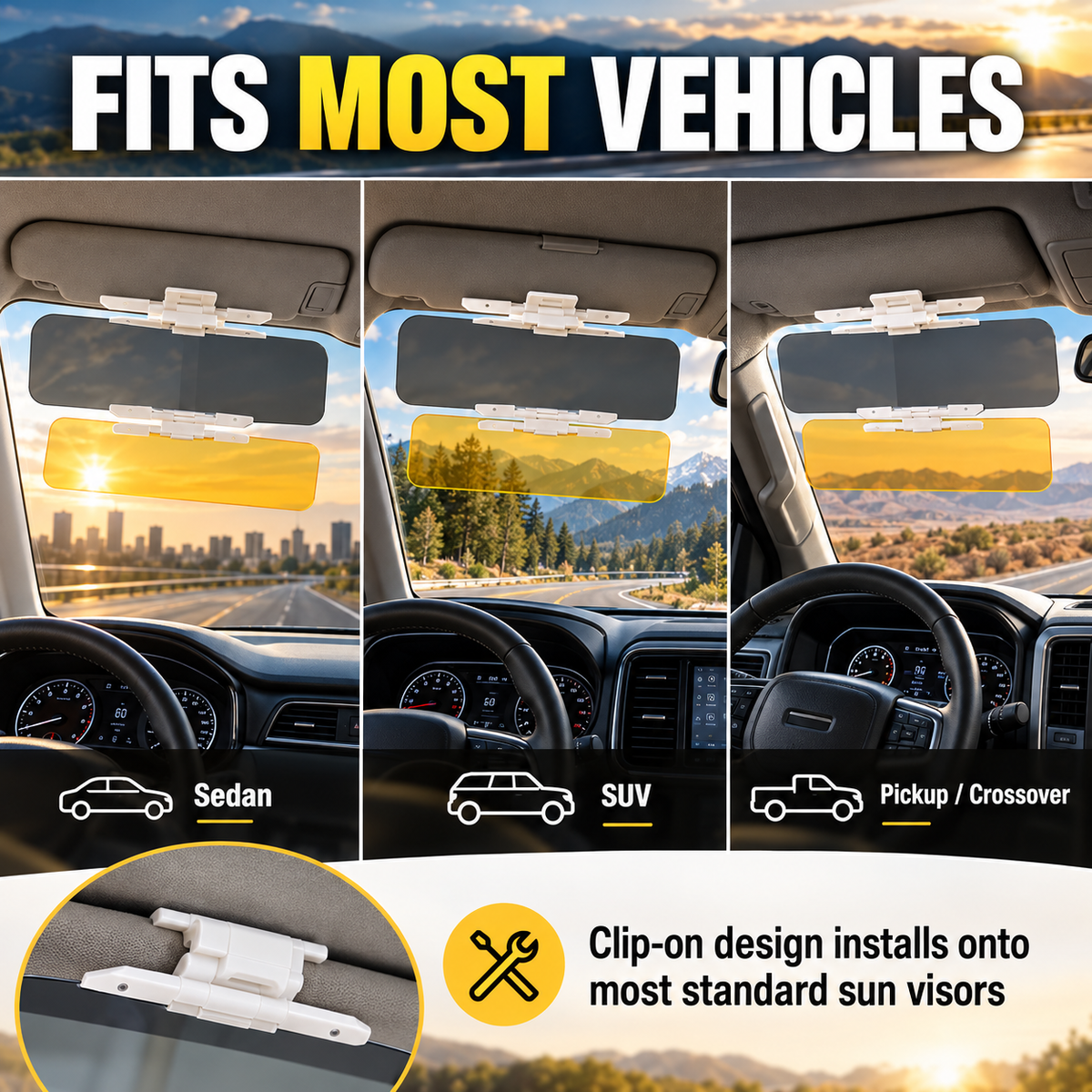 Universelles HD-Sonnenblende für das Auto mit Antireflexbehandlung, schützt sowohl Tag als auch Nacht