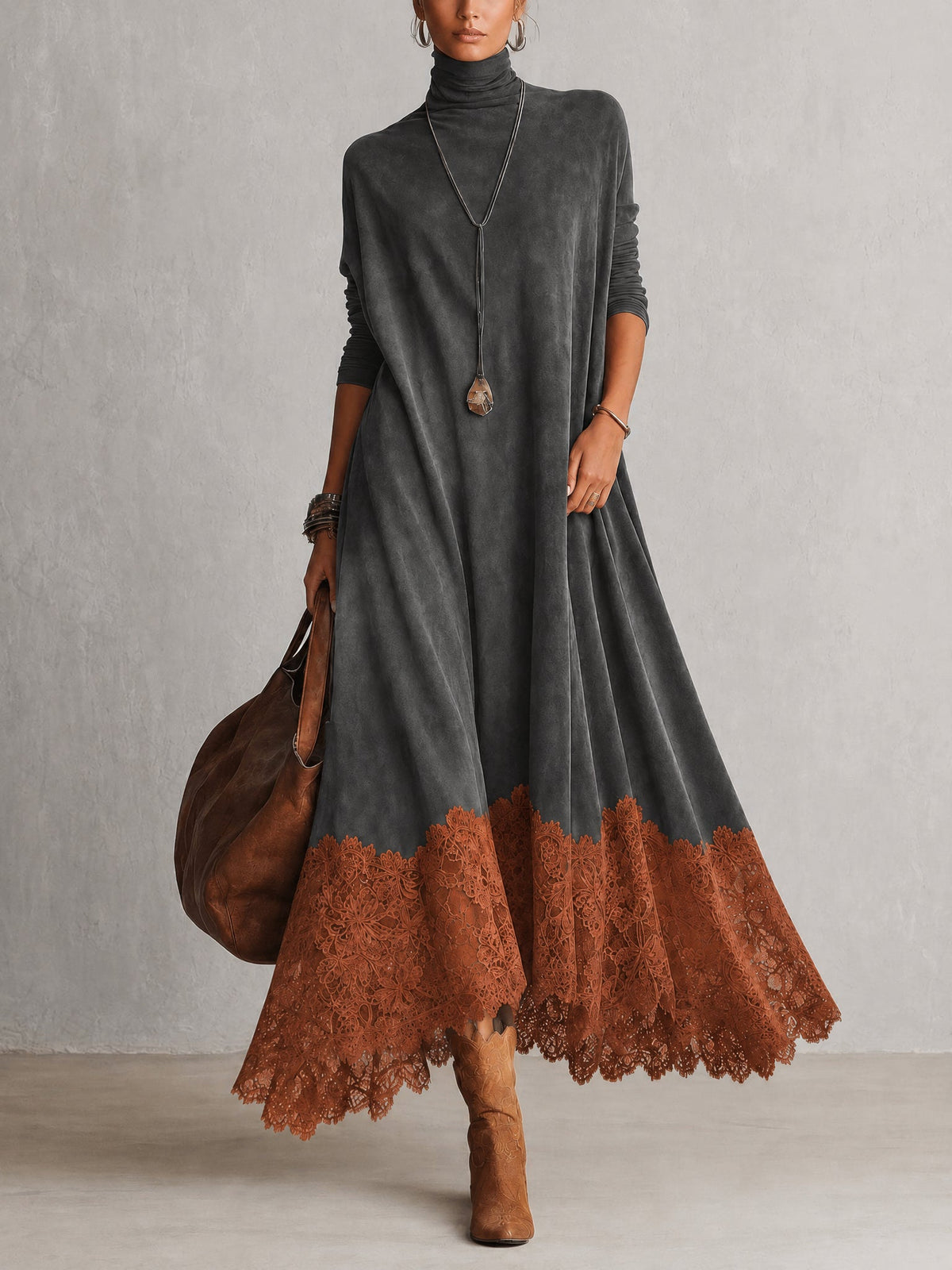 A-Linien-Kleid mit hohem Kragen, Spitzenpaneelen und langen Ärmeln