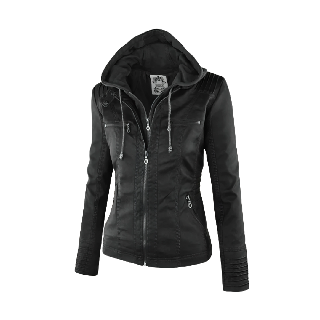 Wasserdichte Damen Bikerjacke aus veganem Leder mit Kapuze