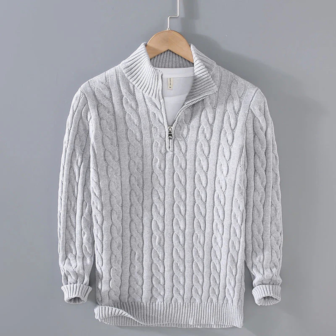 Pullover mit Zopfmuster & Stehkragen-Reißverschluss 100% Cotton – NordicClassic Knit