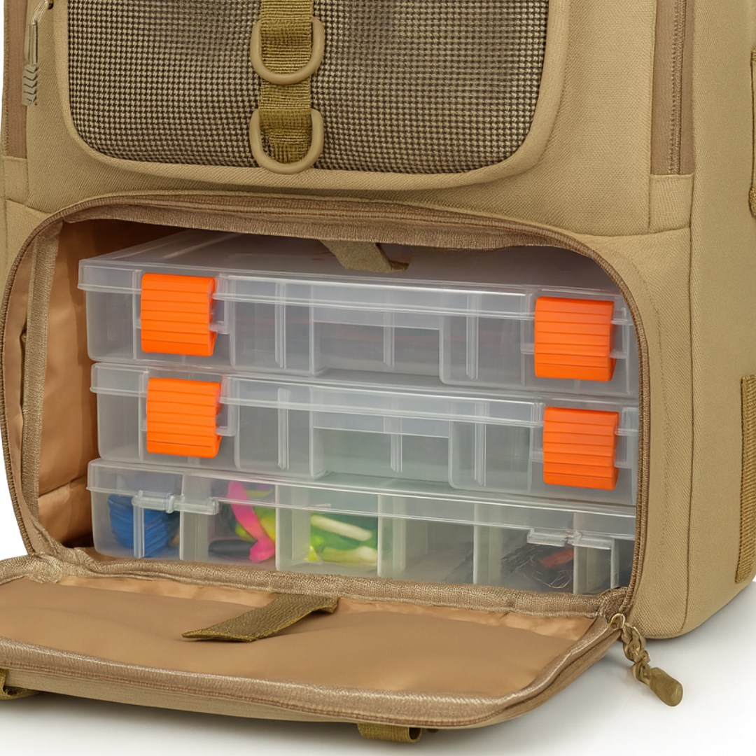 Taktischer Angelrucksack mit Rutenhalter & 40L + 4 Köderboxen – AnglerPro GearPack