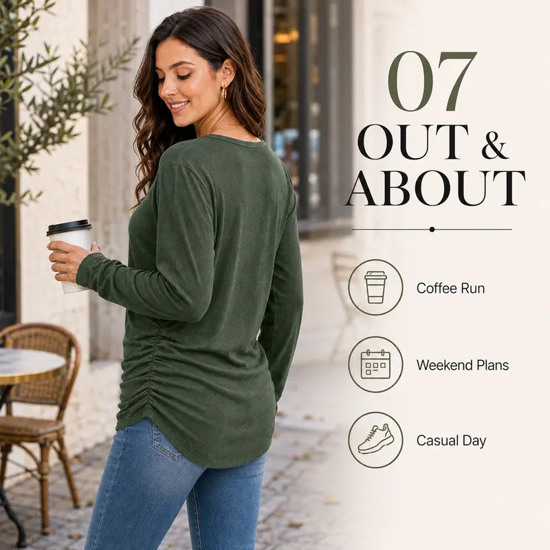 Damen Langarmshirt mit gerafftem Saum Herbst Oberteil Leichter Pullover