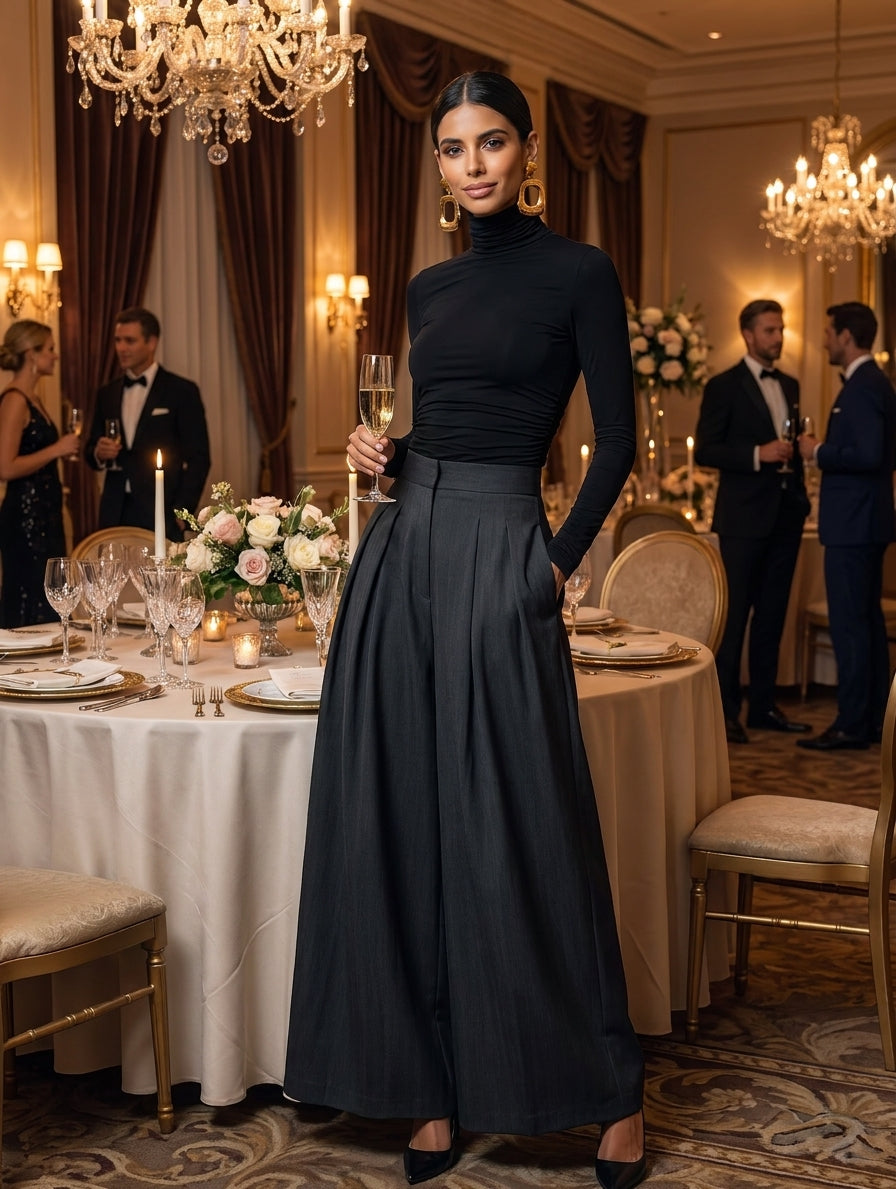 Lässiges 2-teiliges Damen-Set mit schwarzem Stretch-Strick-Langarmoberteil und dunkelgrauer gewebter Hose mit weitem Bein
