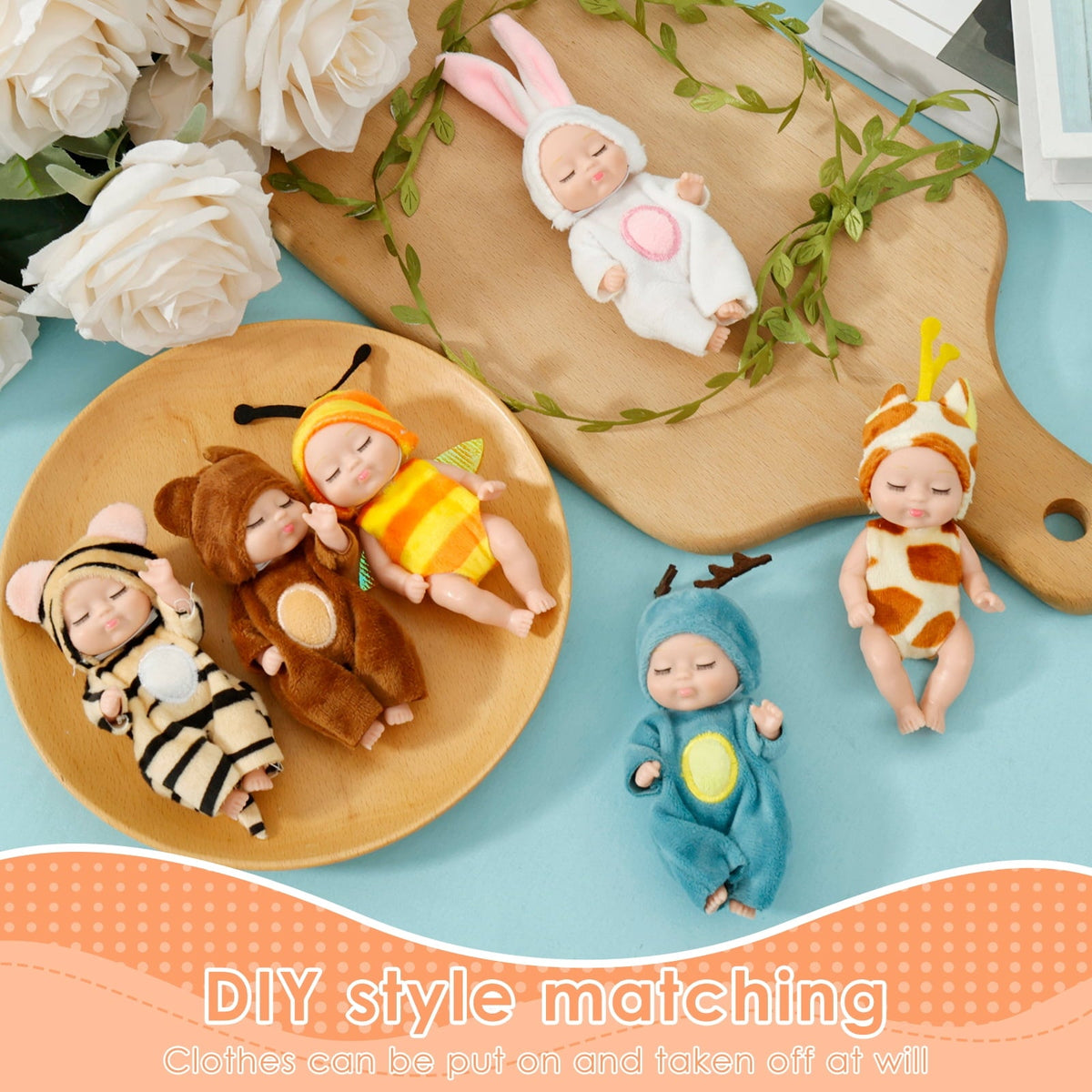 6-teiliges Mini Reborn Babypuppen-Set mit Tier-Outfits