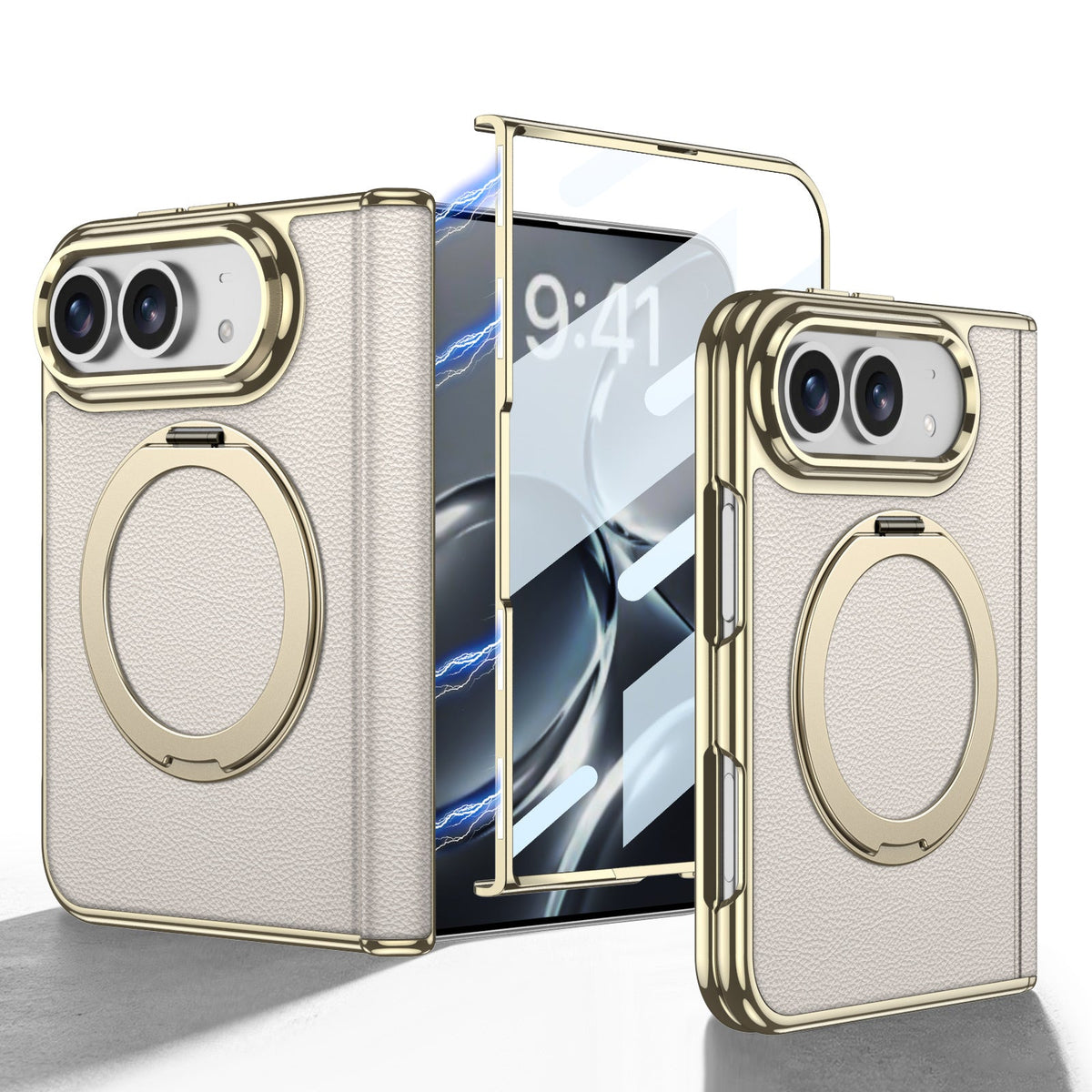 iPhone Duo - Lederhülle mit goldener Beschichtung, integriertem gehärtetem Glasbildschirm und magnetischer Halterung