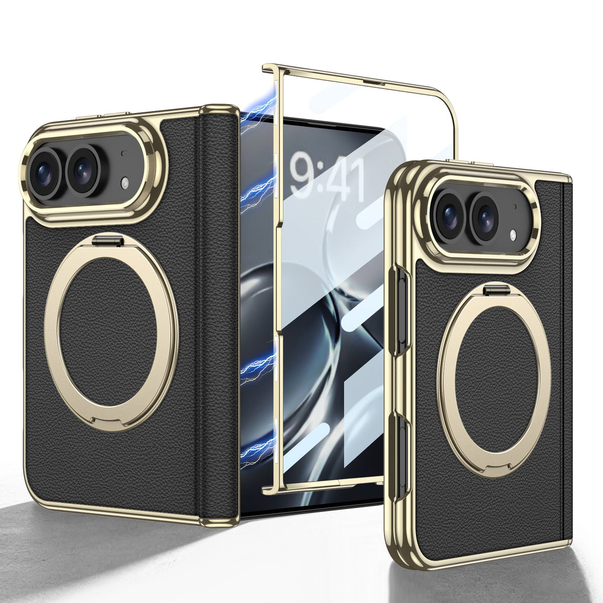 iPhone Duo - Lederhülle mit goldener Beschichtung, integriertem gehärtetem Glasbildschirm und magnetischer Halterung
