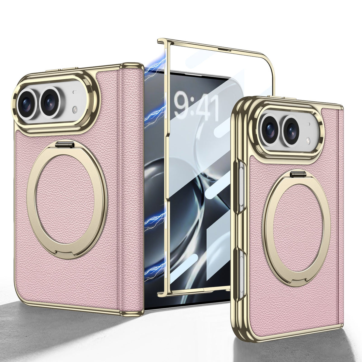 iPhone Duo - Lederhülle mit goldener Beschichtung, integriertem gehärtetem Glasbildschirm und magnetischer Halterung