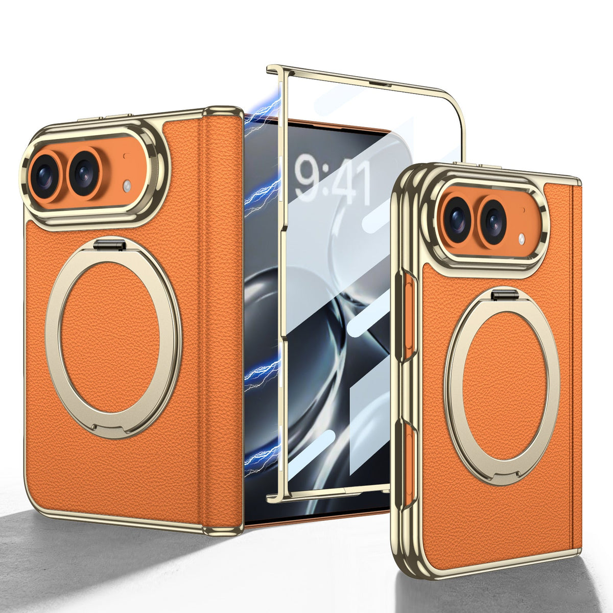 iPhone Duo - Lederhülle mit goldener Beschichtung, integriertem gehärtetem Glasbildschirm und magnetischer Halterung