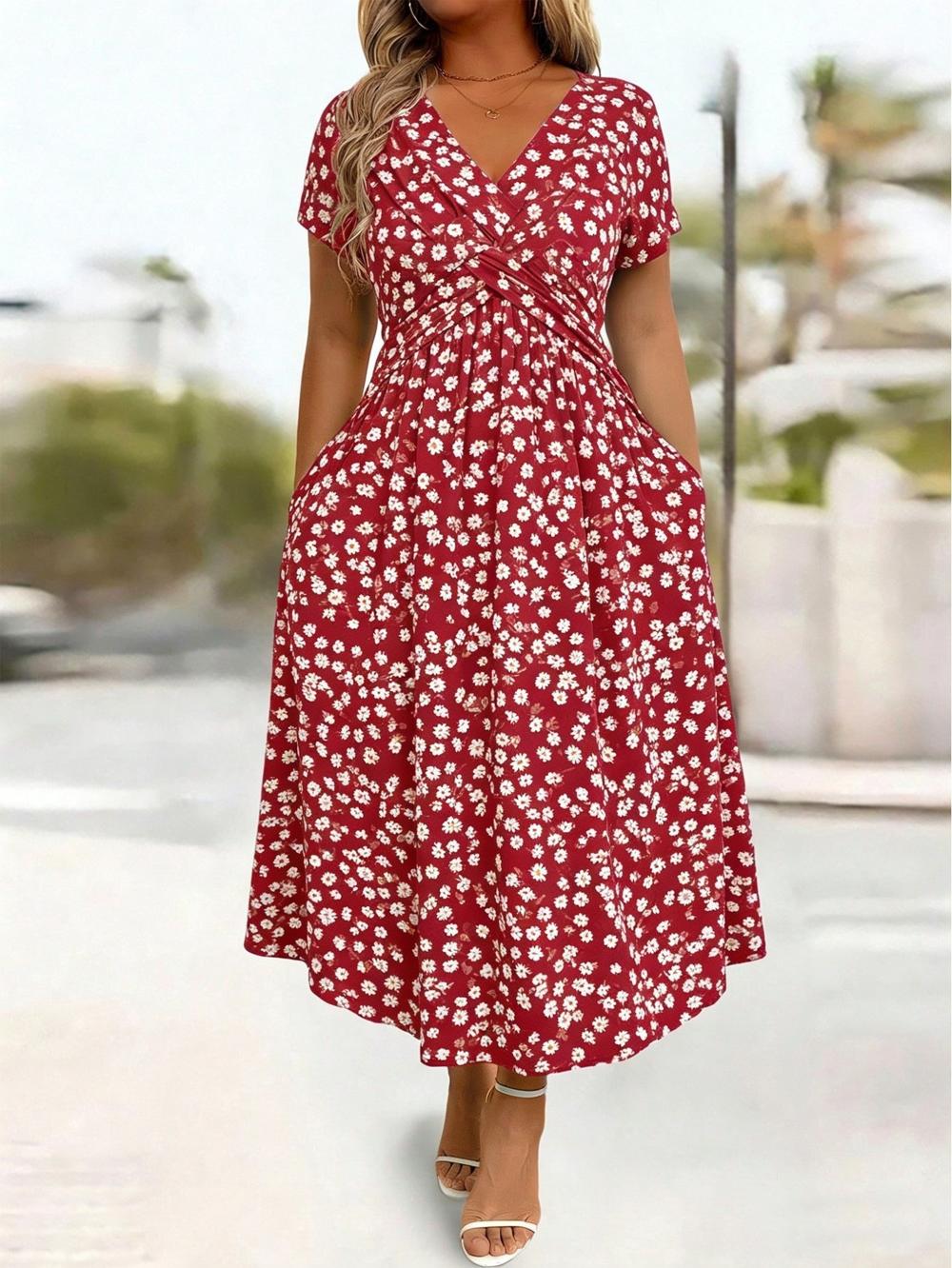 Damen V-Ausschnitt Blumendruck Kleid mit Taillendrehung