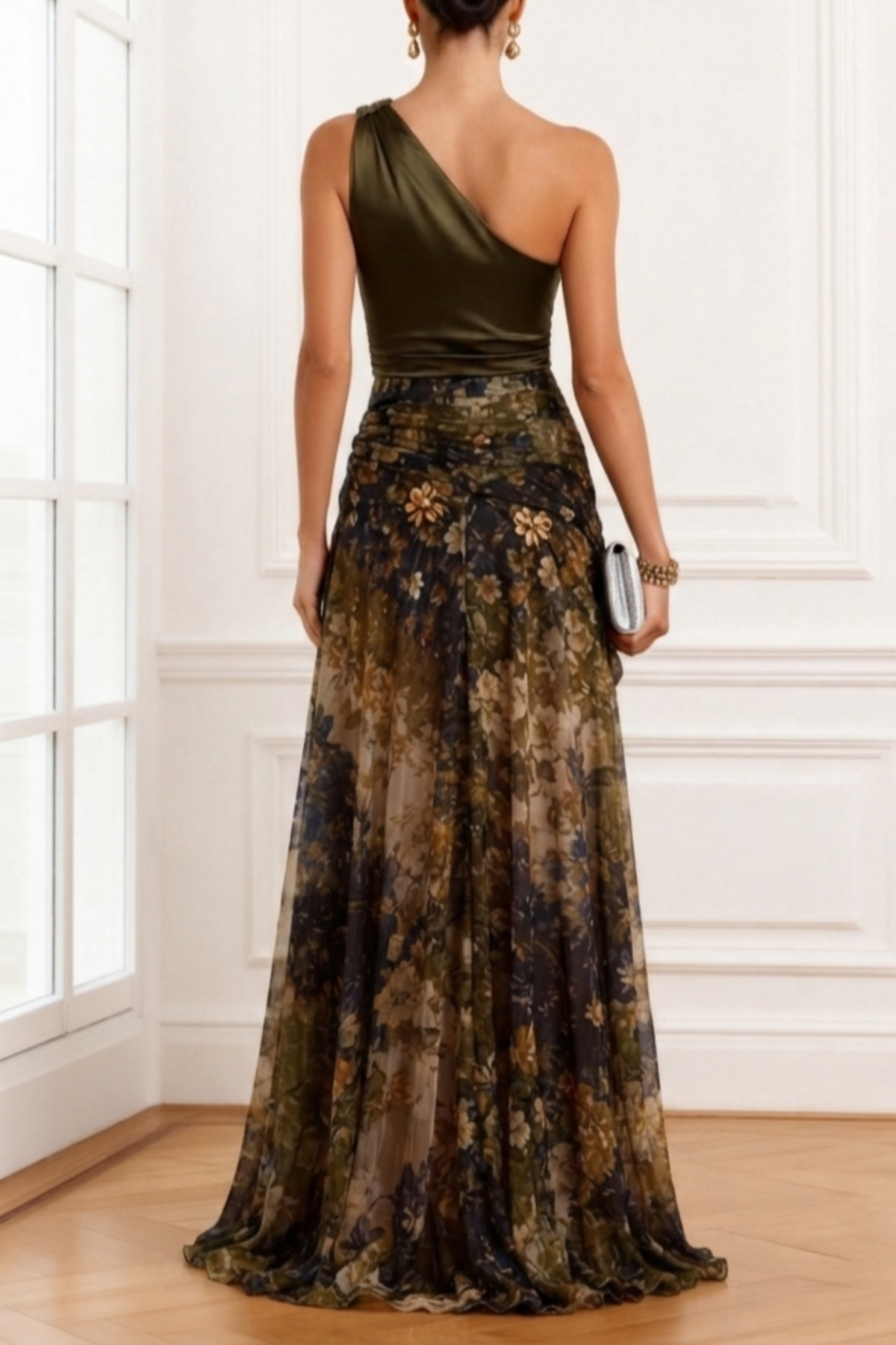 Khakigrünes One-Shoulder-Abendkleid mit Schlitz