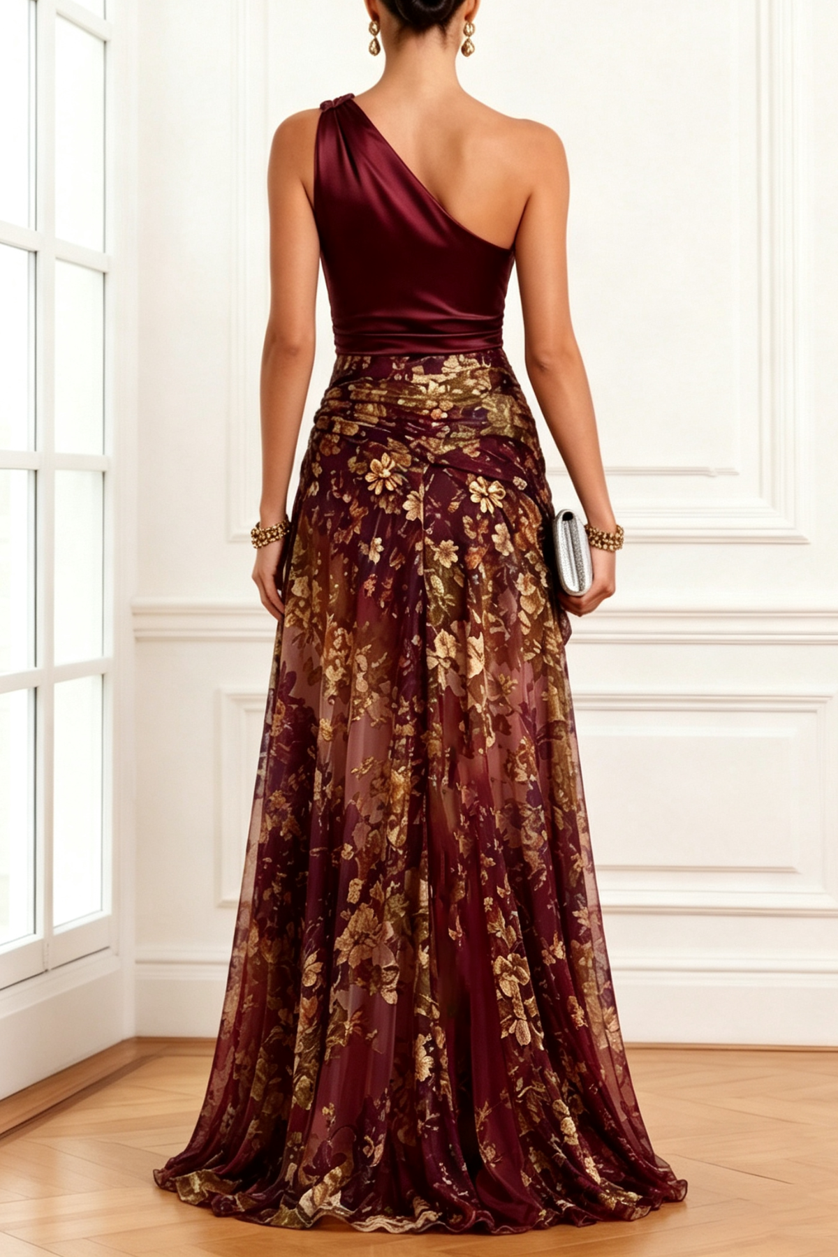 Khakigrünes One-Shoulder-Abendkleid mit Schlitz