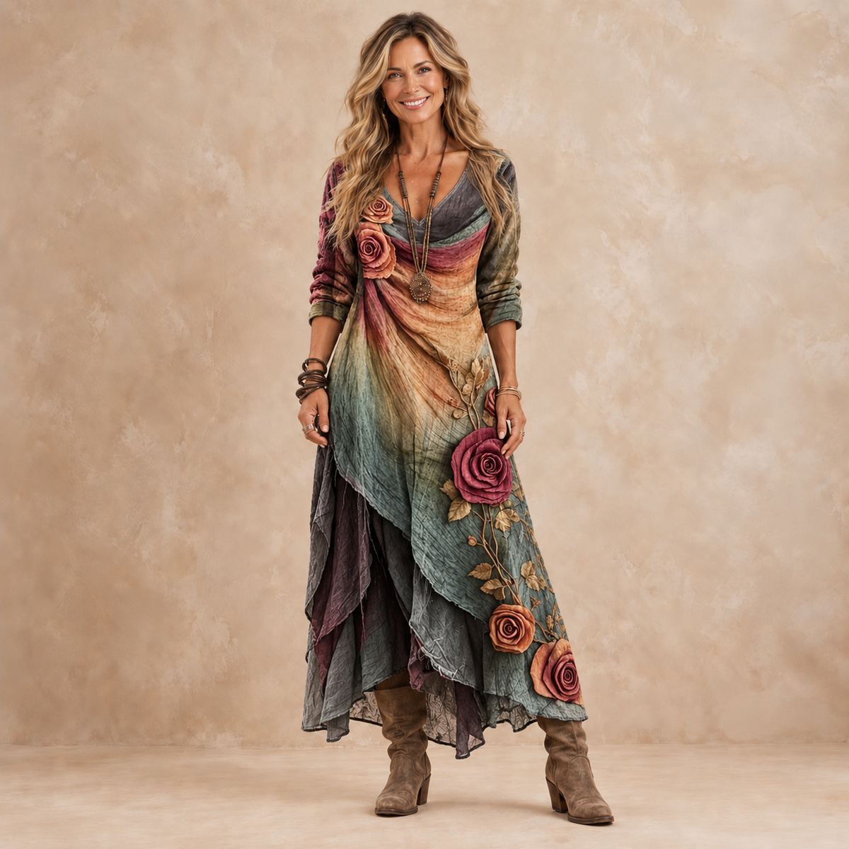 Rosalie Mehrlagiges Blumen-Bohème-Maxikleid