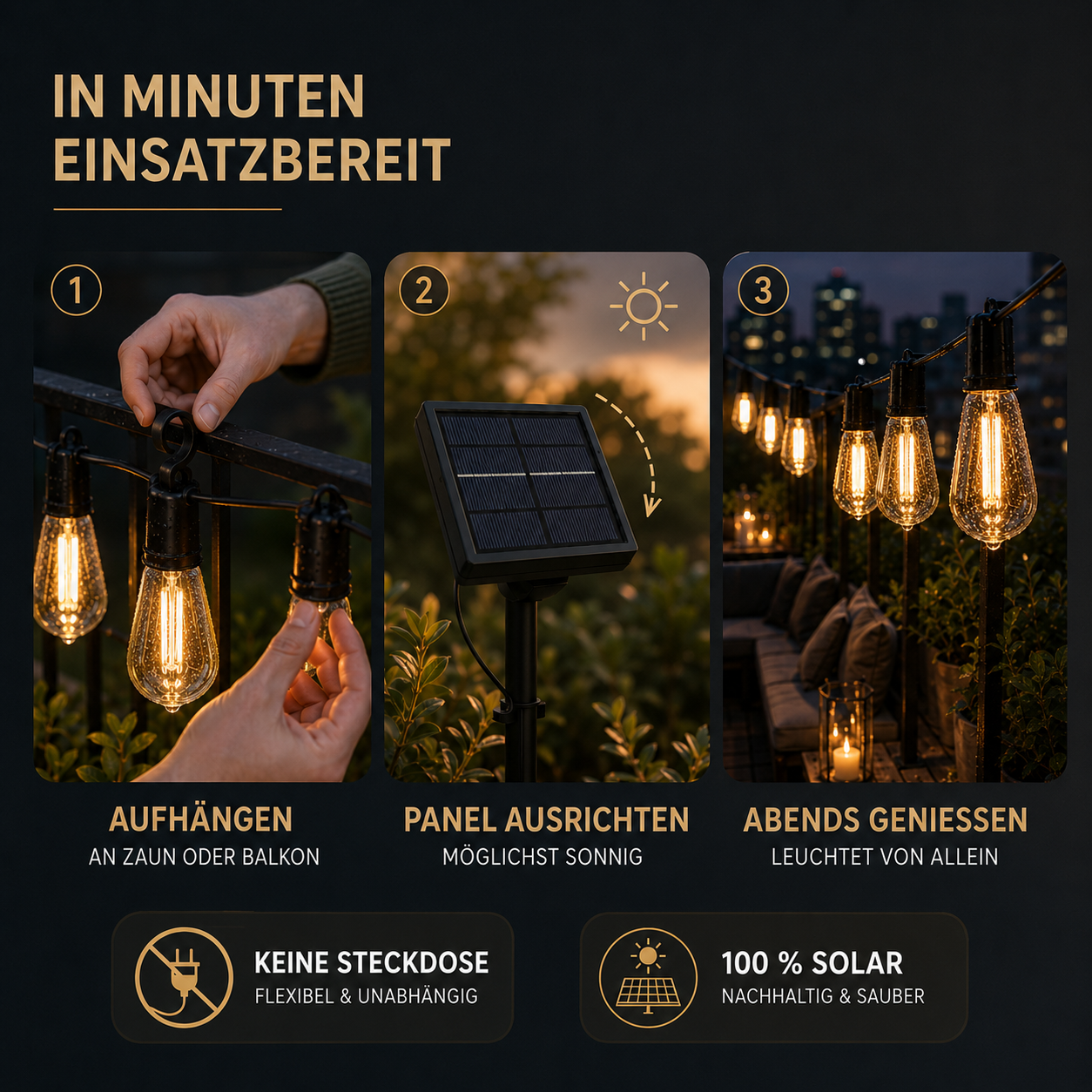 CampGlow Solar Lichterkette Balkon | Wetterfest, warmweiß, ohne Steckdose