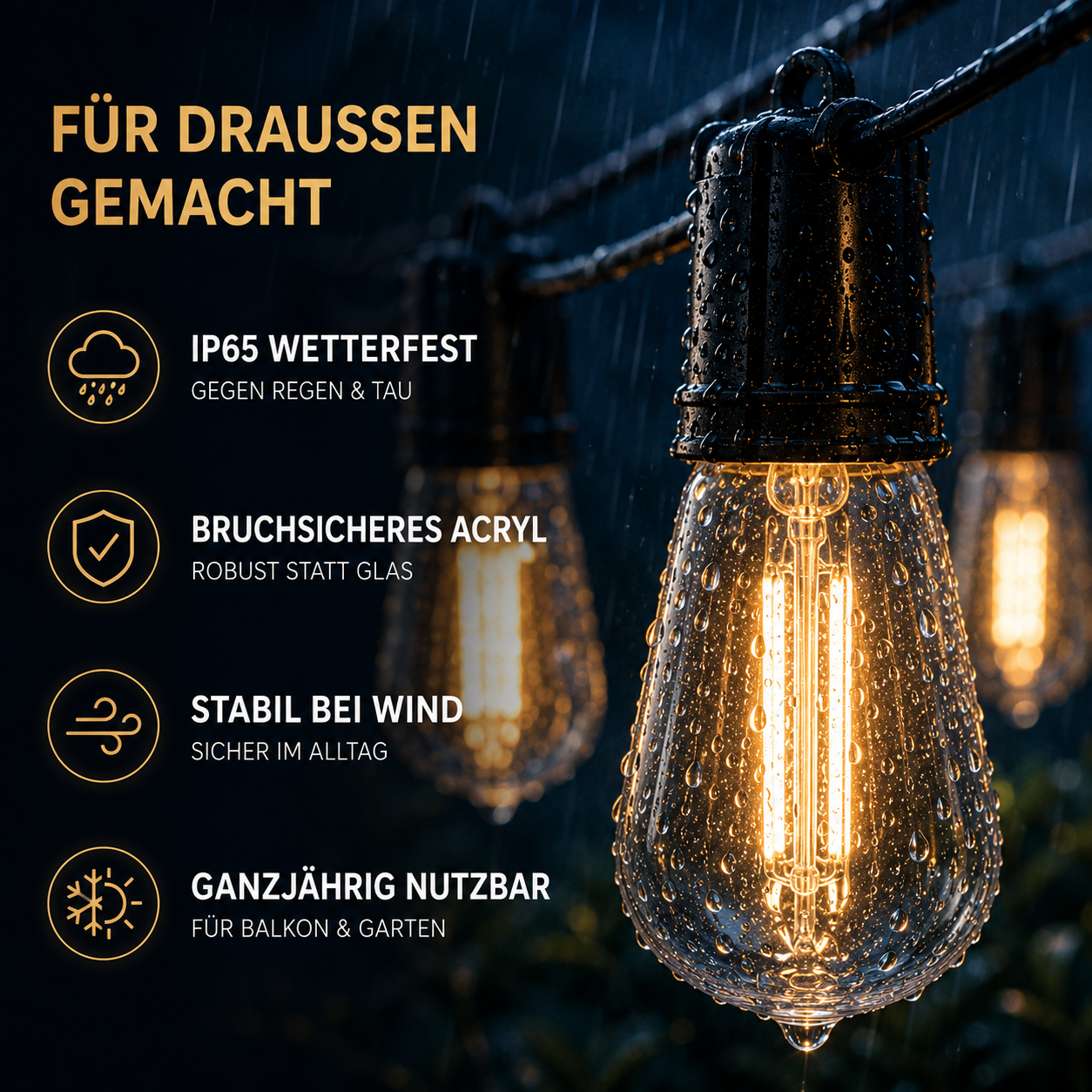 CampGlow Solar Lichterkette Balkon | Wetterfest, warmweiß, ohne Steckdose