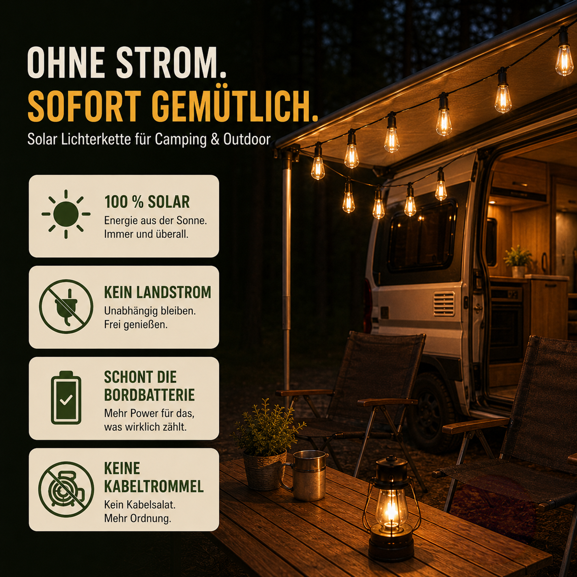 CampGlow Solar Lichterkette Camping | Wohnmobil & Vorzelt, ohne Strom