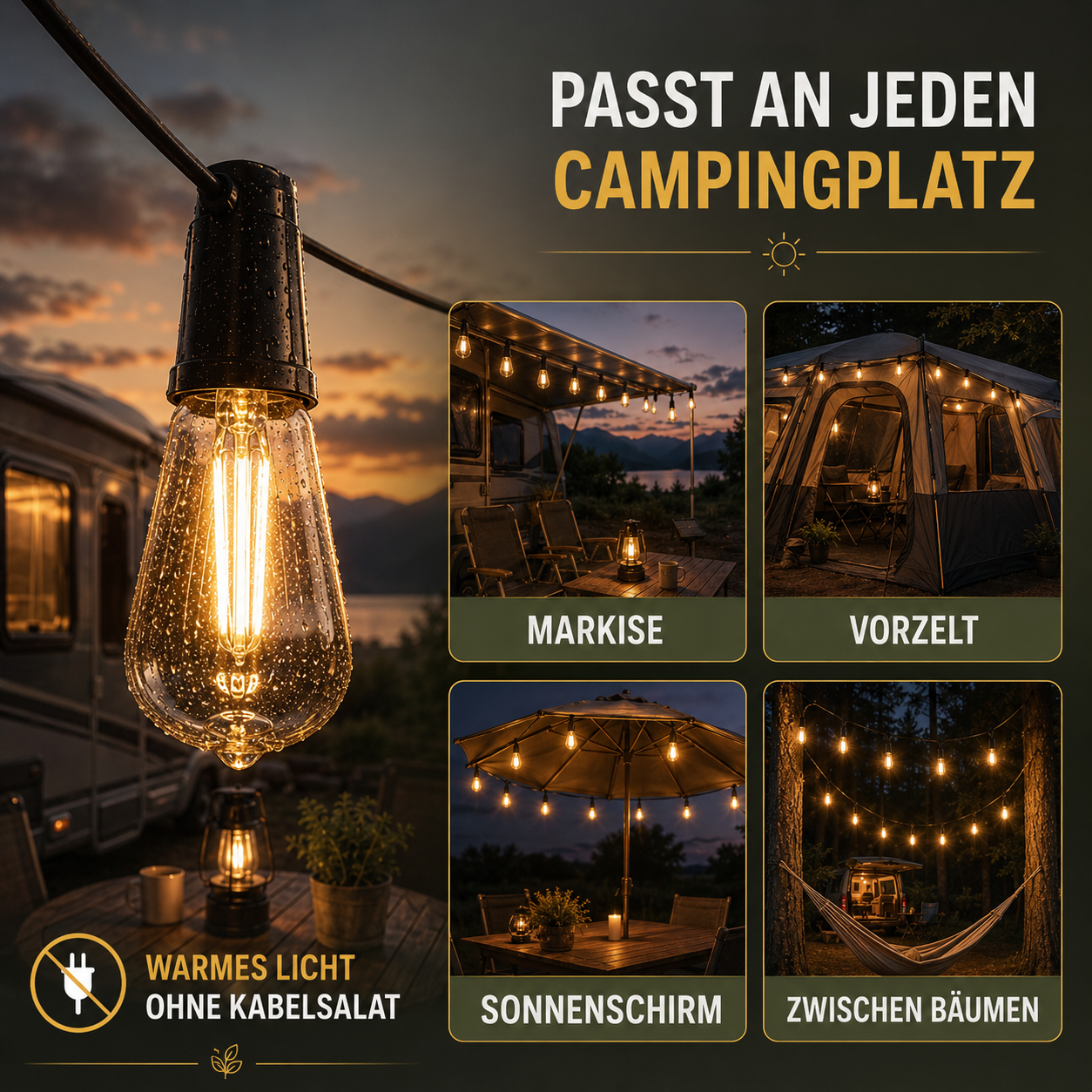 CampGlow Solar Lichterkette Camping | Wohnmobil & Vorzelt, ohne Strom
