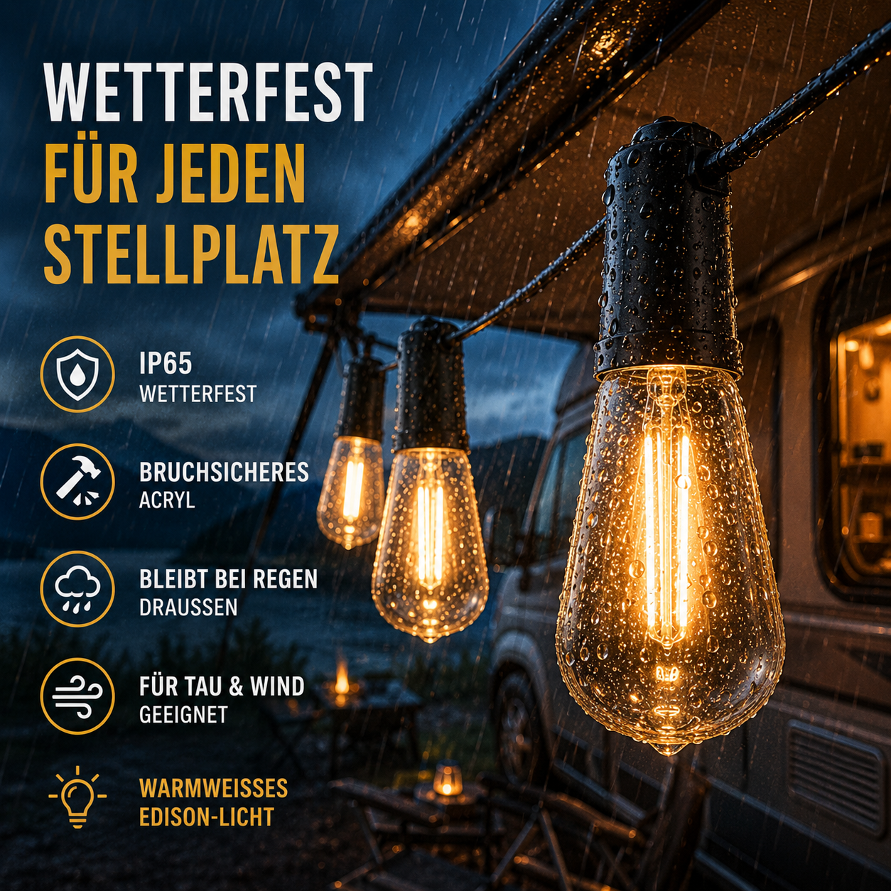 CampGlow Solar Lichterkette Camping | Wohnmobil & Vorzelt, ohne Strom