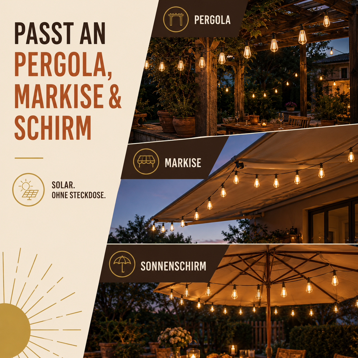 CampGlow Solar Lichterkette Pergola | Biergarten-Feeling für die Terrasse