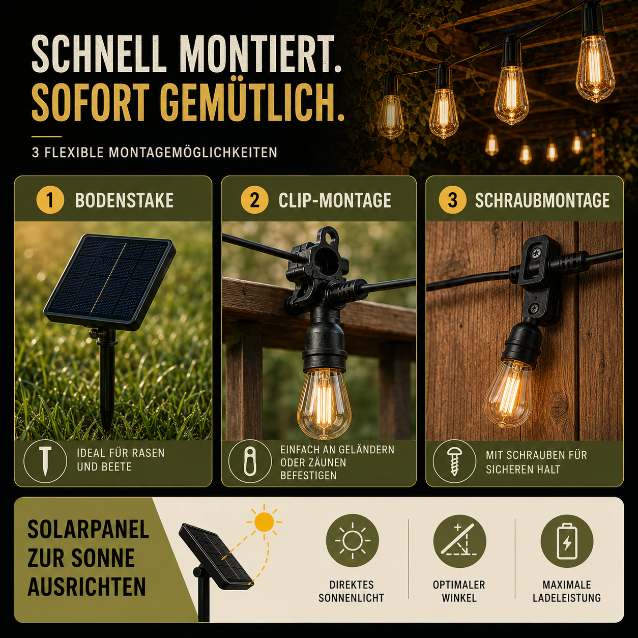 CampGlow Solar Lichterkette Pergola | Biergarten-Feeling für die Terrasse