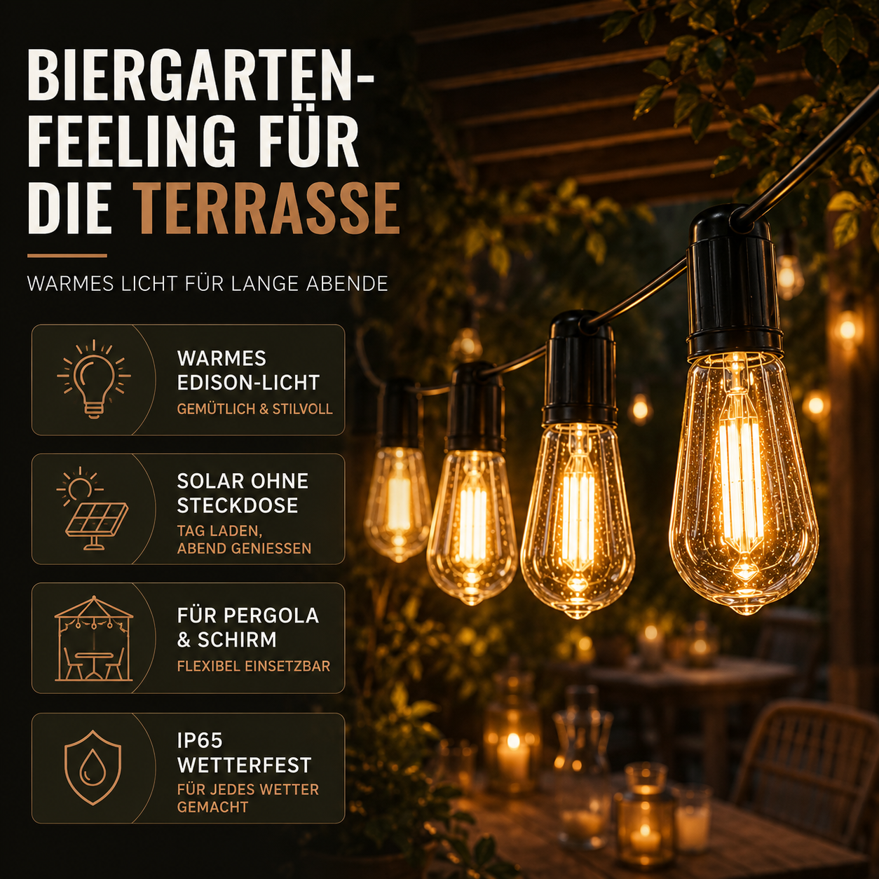 CampGlow Solar Lichterkette Pergola | Biergarten-Feeling für die Terrasse