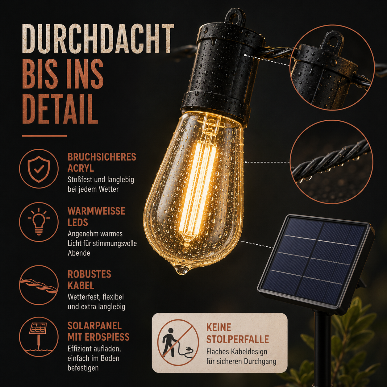 CampGlow Solar Lichterkette für Gartenparty | Wetterfest, warmweiß
