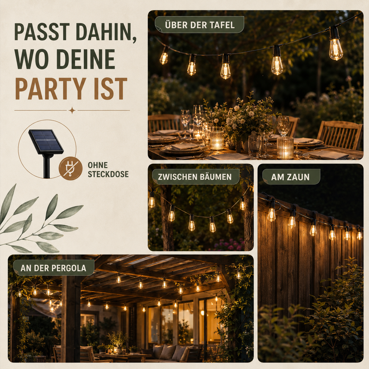 CampGlow Solar Lichterkette für Gartenparty | Wetterfest, warmweiß
