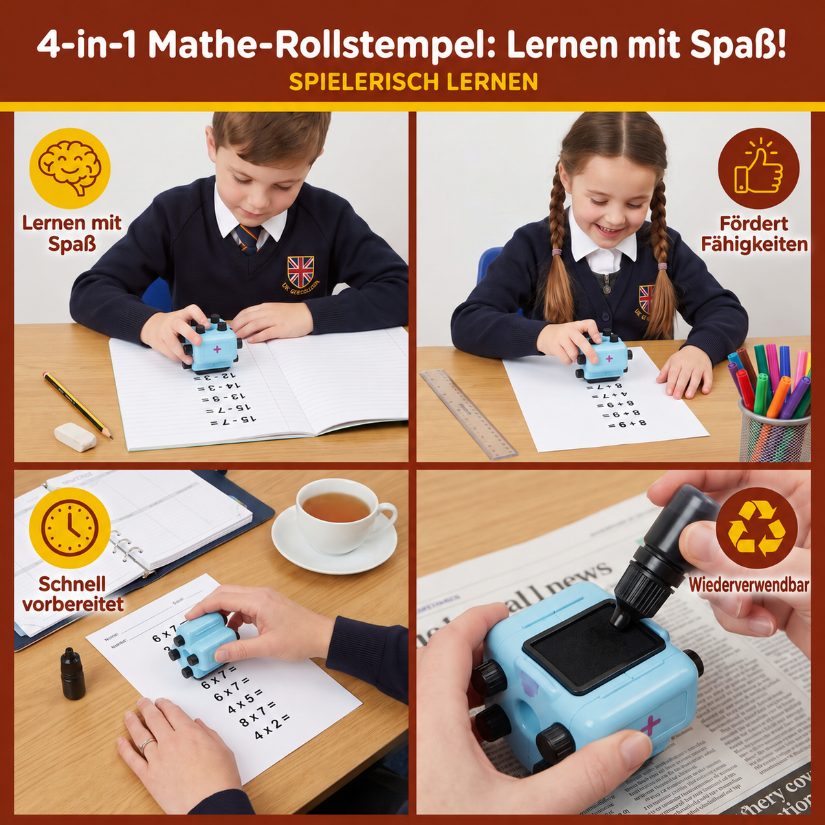 Nordspur | 4-in-1 Mathe-Rollstempel – Addition, Subtraktion, Multiplikation & Division Übung